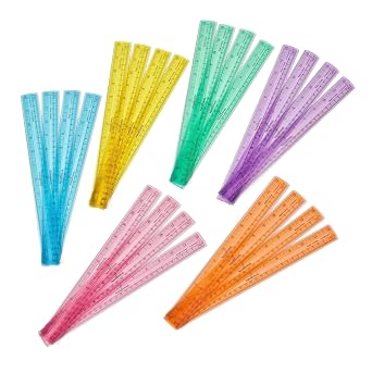 hand2mind 12 inch Multicolored, Transparent, Semiflexible Safe-T Plastic Rulers, Rainbow Plastic Rulers, Safety Ruler for Measurement, Safety Kids School Supplies, Straight Rulers Pack of 24