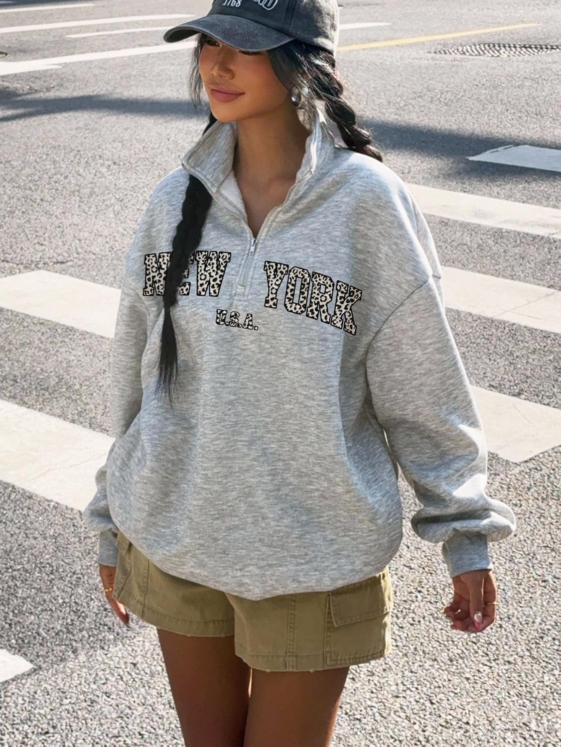 OYOANGLE Women's Half Zip High Neck Sweatshirts Leopard Letter Graphic Loose Pullover Tops Streetwear - Image 3