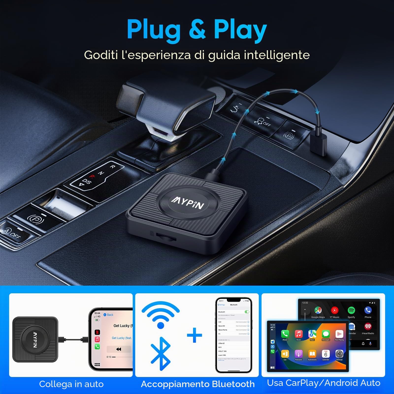 MYPIN Adattatore Wireless CarPlay 3 in 1, per Android Auto e Video, con Supporto Netflix/YouTube e Slot per Schede TF, Plug & Play, Compatibile con USB Type-C/A, per iPhone e Android