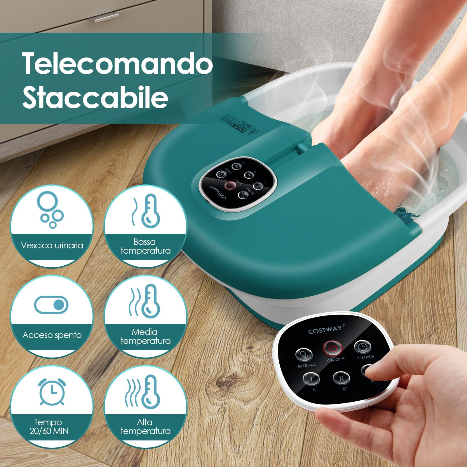 GYMAX Pediluvio Elettrico, 3 in 1 Massaggiatore Piedi Pieghevole con Riscaldamento dell’Acqua in 3 Livelli, Getti di Bolle, Pannello di Controllo Magnetico, per Tutta la Famiglia (Verde Scuro)