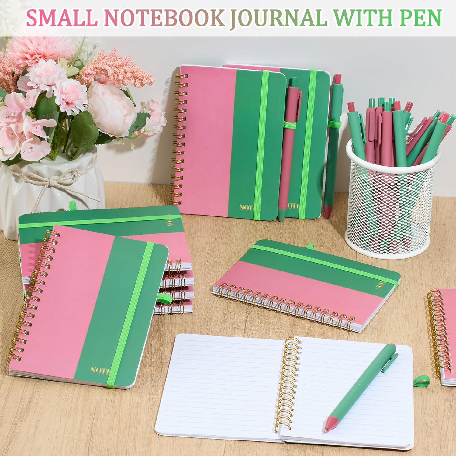 Fulmoon 24 Set Sorority A6 Spiral Notebook with Ballpoint Pens 50 Sheets, 4"x 6" Small College Ruled Notepads Journaling Notebooks Bulk for Back to School Supplies Offices Team Pink and Green Gifts