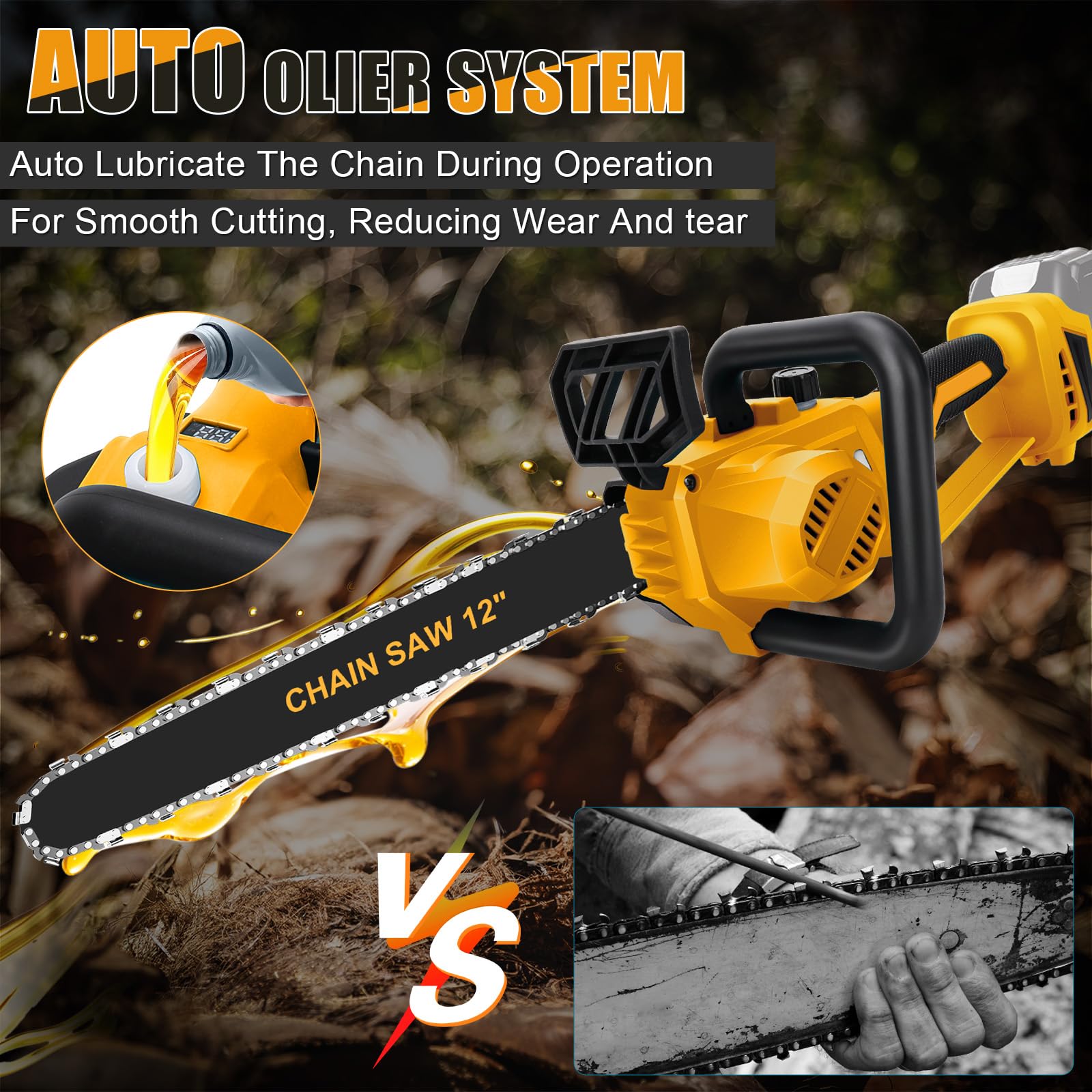 WingFly Motosierra Eléctrica 12 Pulgadas Compatible con Dewalt 18 V, 20 V | Brushless Motosierra de Mano, Motosierra Inalámbrica Portátil para Podar Árboles de Jardinería