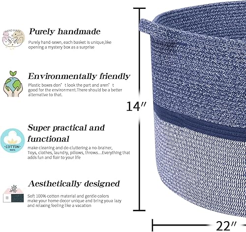 Miniatura 2 de Cesta de almacenamiento extragrande de 22 x 14 pulgadas, cesta grande de tejido suave con asas, cesta y organizador para lavandería, juguetes,