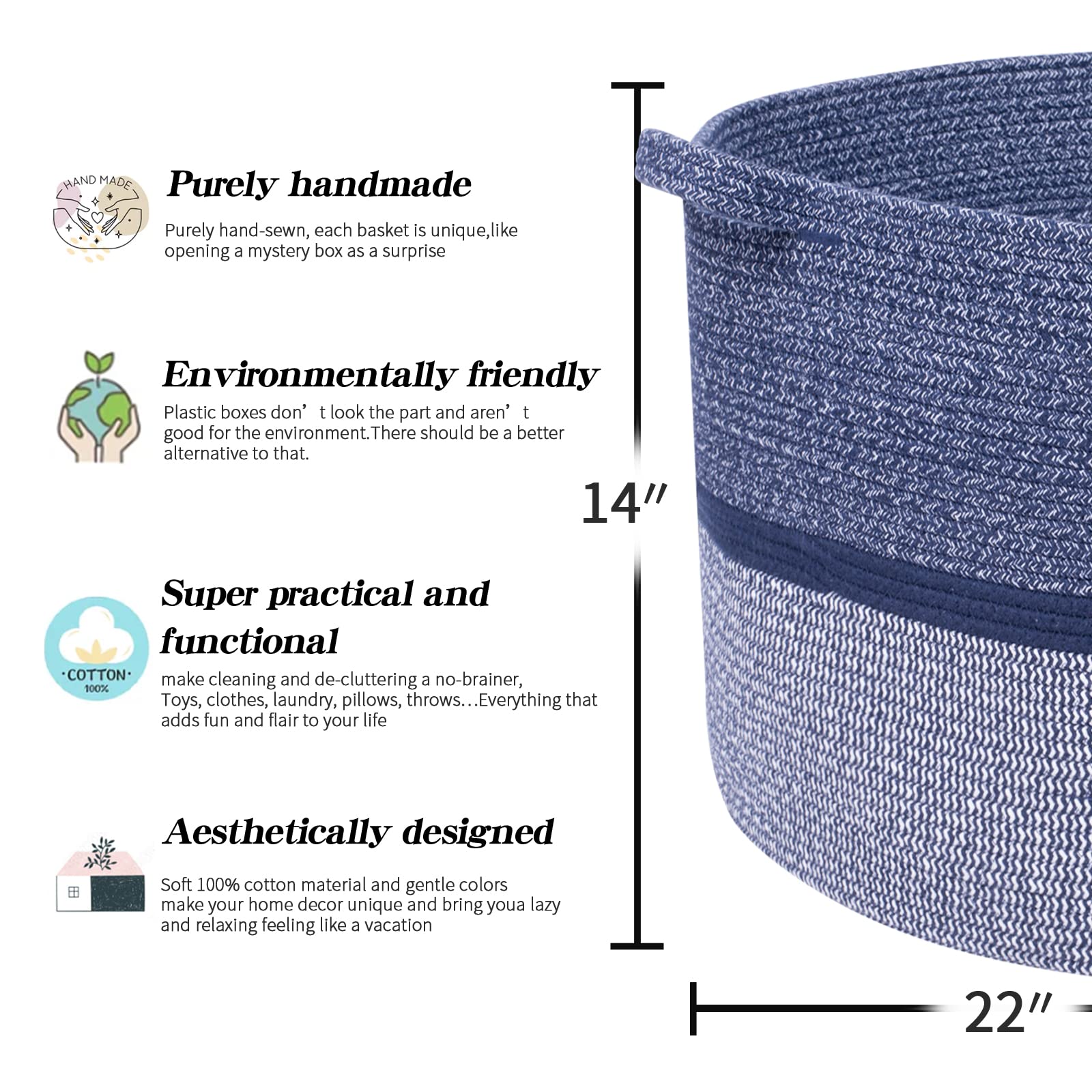 RUNKA XXXLarge Cotton Rope Basket 22" X 22"X 14" Blanket Basket for Living Room Woven Basket Soft Baby Laundry Blanket Basket Nursery Bin Toy Basket with Handle