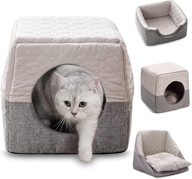 GIOPACO Cat Cosy Cube Lgloo Bed, 3-in-1 Foldable Cat Dog Soft Sofa Cave Bed, Cool and Warm Tent Cave Microfiber Bed House with Removable Washable Cushion Pillow for Indoor Cats Small Dogs Puppy Pets