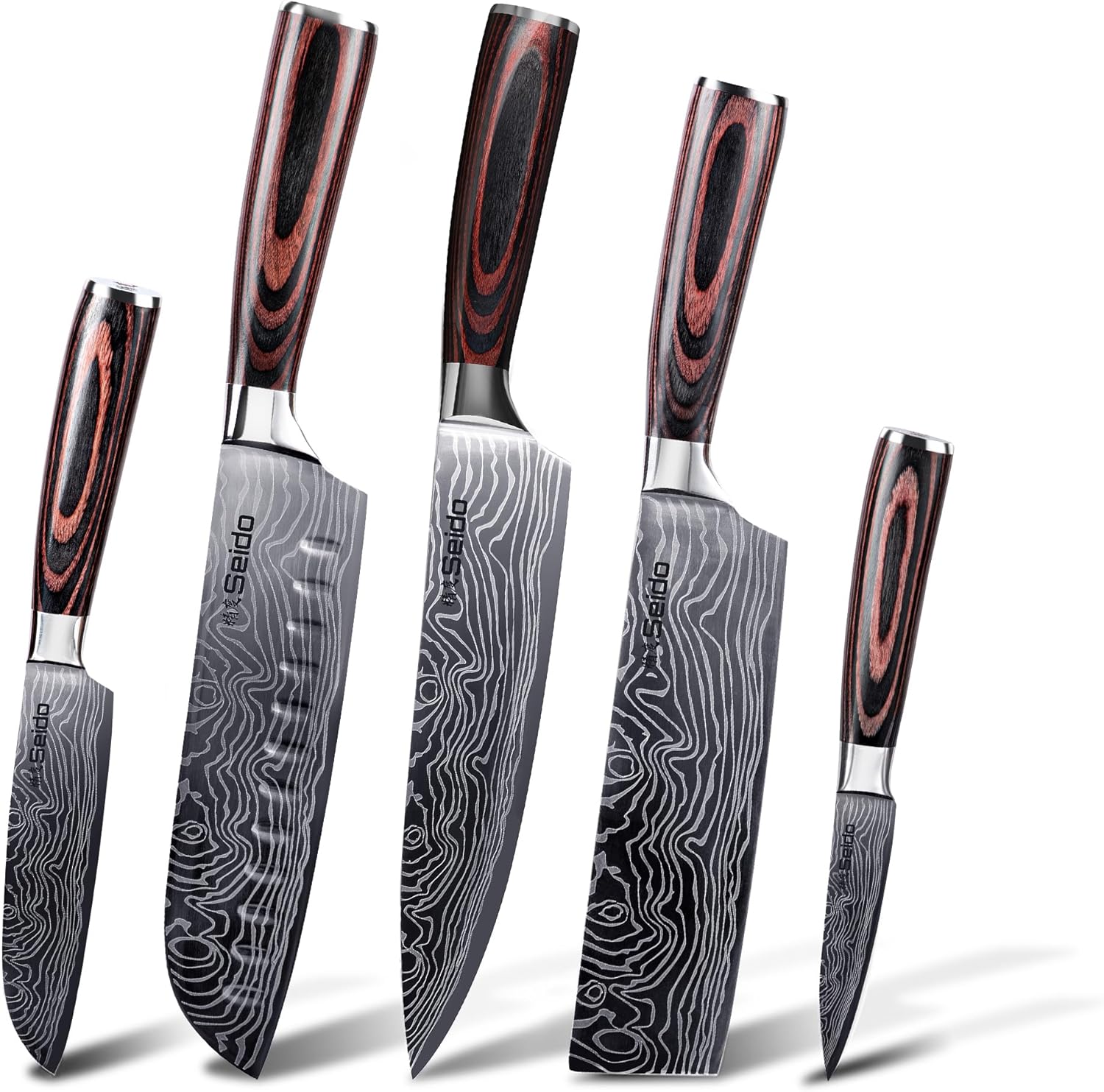 Seido Knives 5-Piece Damascus Master Chef Knife Set - Includes Gyuto, Santoku, Nakiri, Paring Knives - High-Carbon Stainless Steel Kitchen Knives