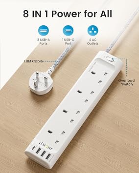LENCENT 1.8M Extension Lead with 1 USB-C&3 USB Slots,3250W 13A