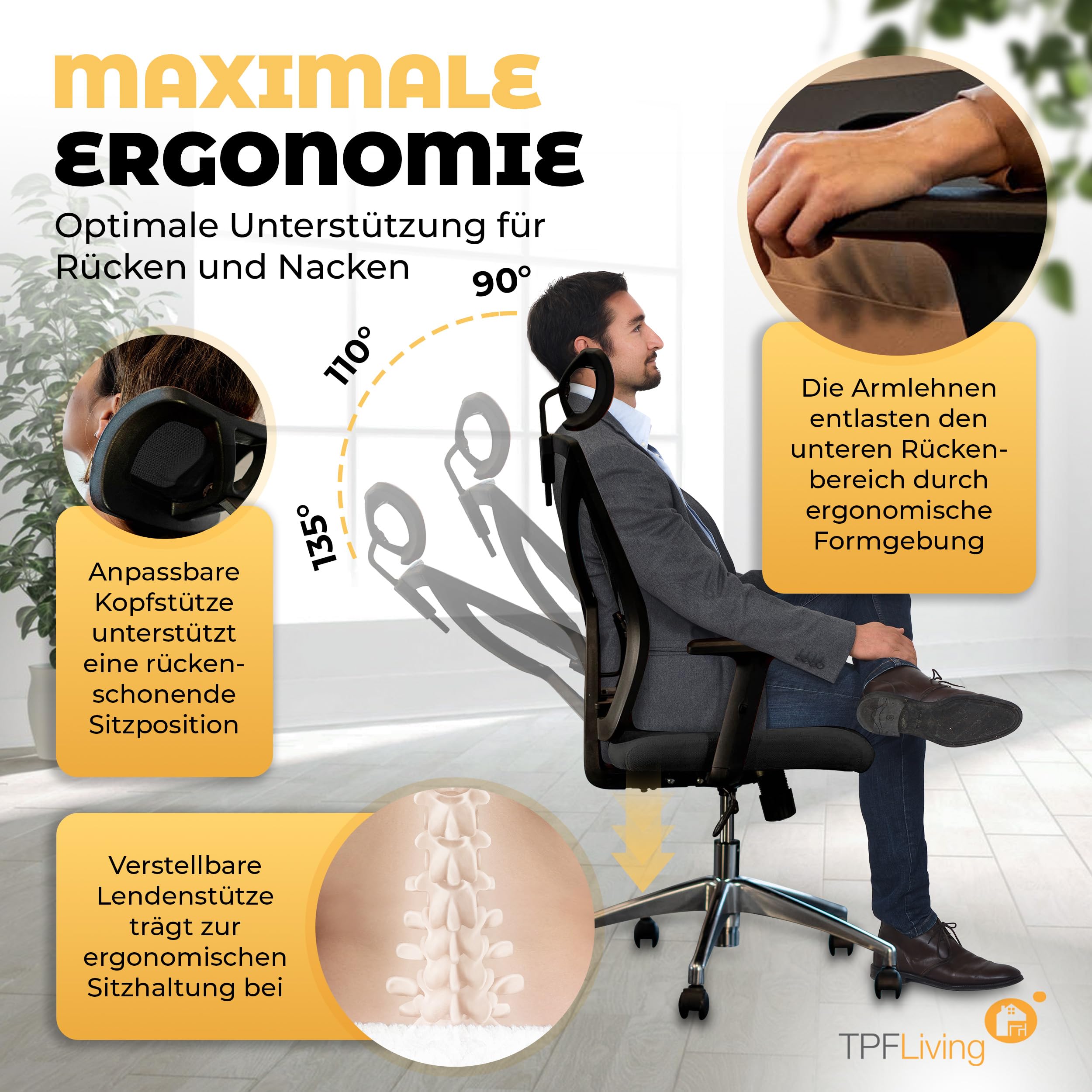 Bürostuhl Zeus (Schwarz) – Bürostuhl ergonomisch und komfortabel inkl. Verstellbarer Lordosenstütze & kühlendem Mesh – Bis zu 150kg Tragfähigkeit - ideal für Lange Arbeitstage