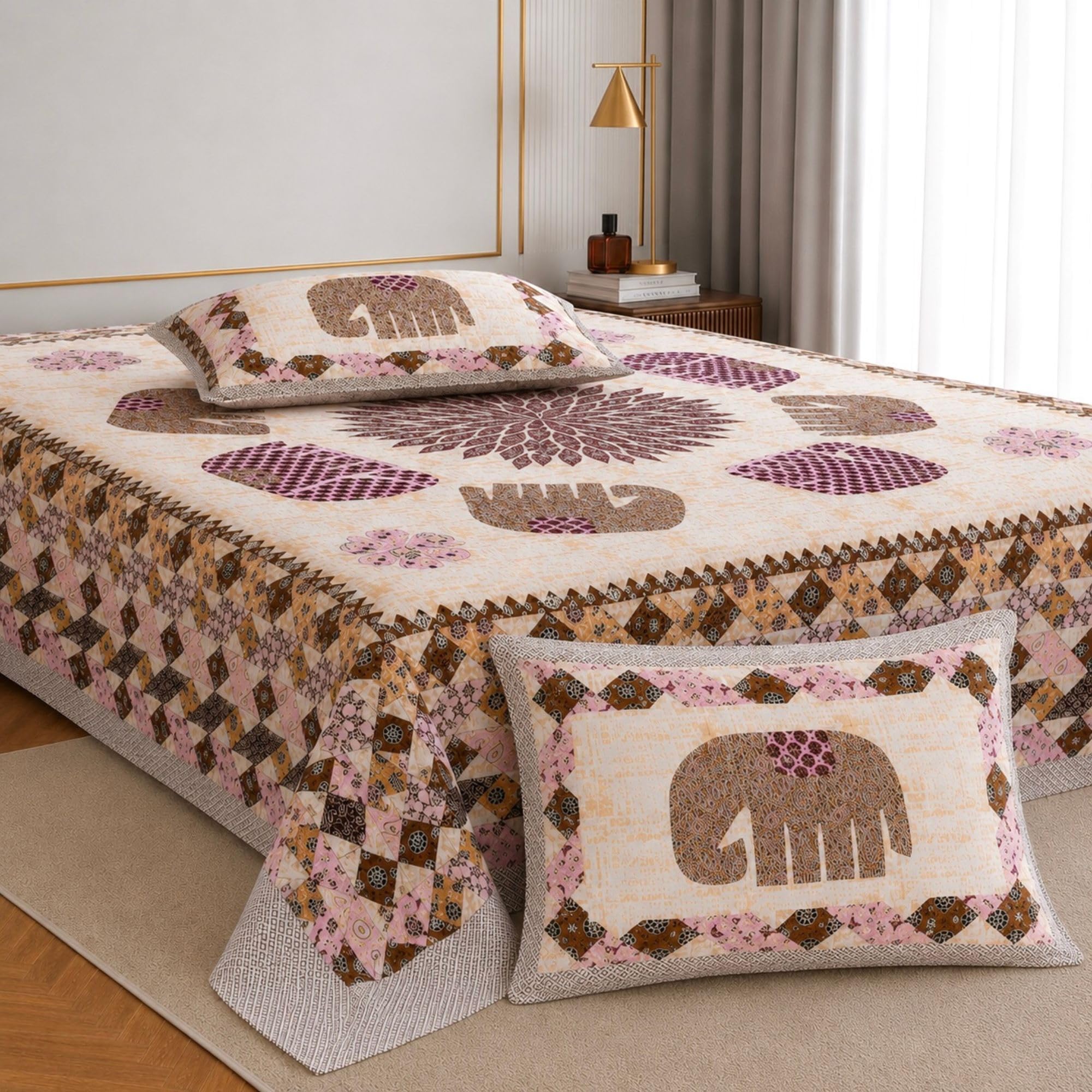 Jaipur Weaves Jaipuri Cotton King Size Bedsheet 108x108 Super King, 144 TC 100% Pure Cotton Double Bed Sheet with 2 Pillow Covers, Royal Elephants Traditional Print – (Royal Elephants Pink)