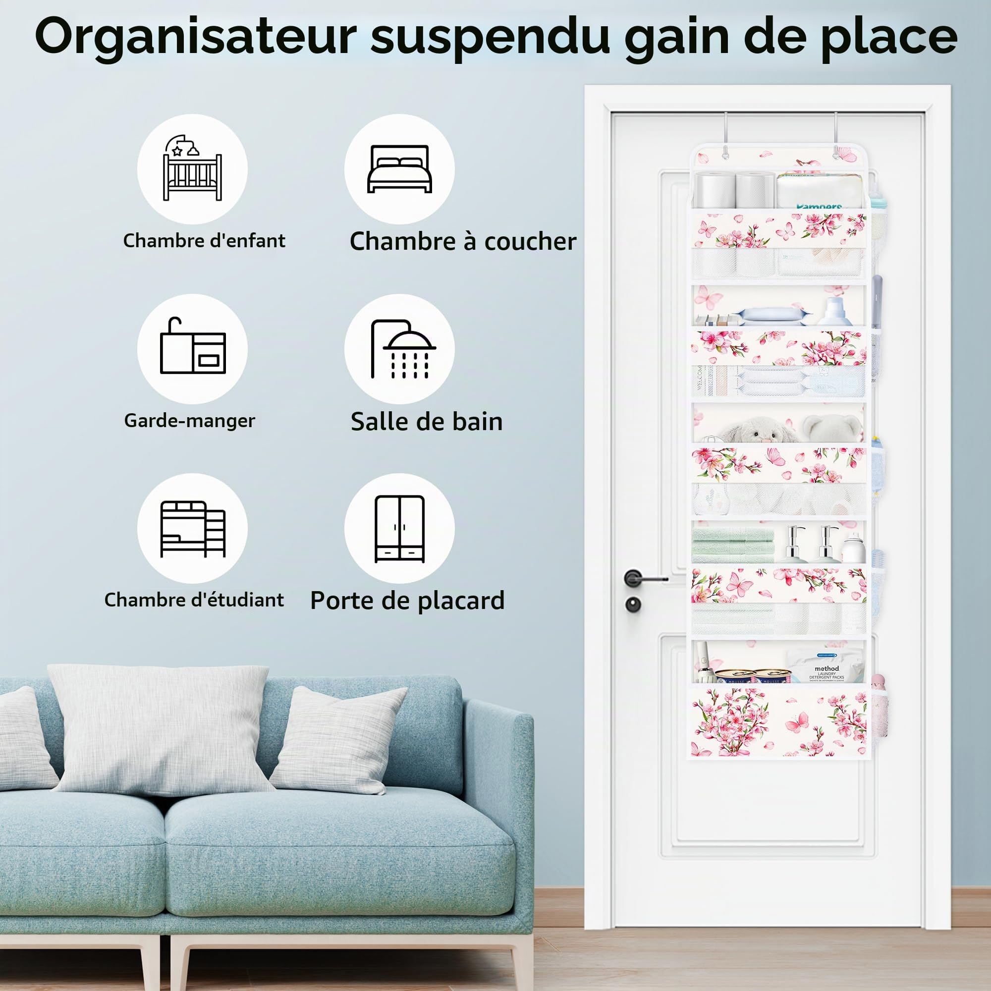 Clastyle Organisateur Suspendu Tissu Fleur Rangement Suspendu Femme Filles pour Jouet Couche Vêtement Étagère Suspendue Porte pour Chambre Salle de Bain Pantry, Fleur de Cerisier, 5 Compartiments