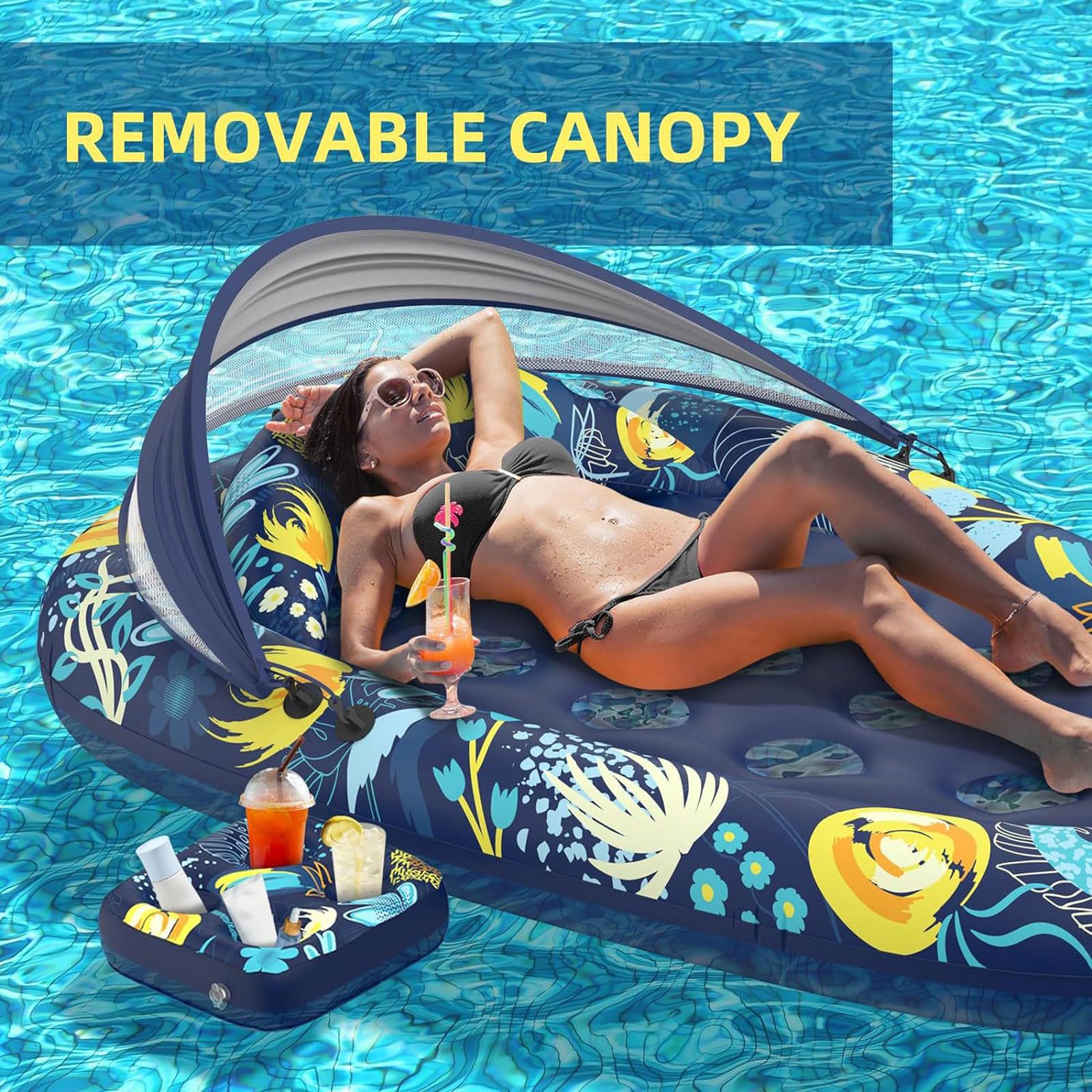 Colchoneta Piscina Adultos 185 * 120cm,Colchoneta Hinchable Piscina,Hinchables para Piscina,con Toldo de Sombra Desmontable,Portabebidas,Hamaca Flotante,para Adultos,Playa,Lago y Verano