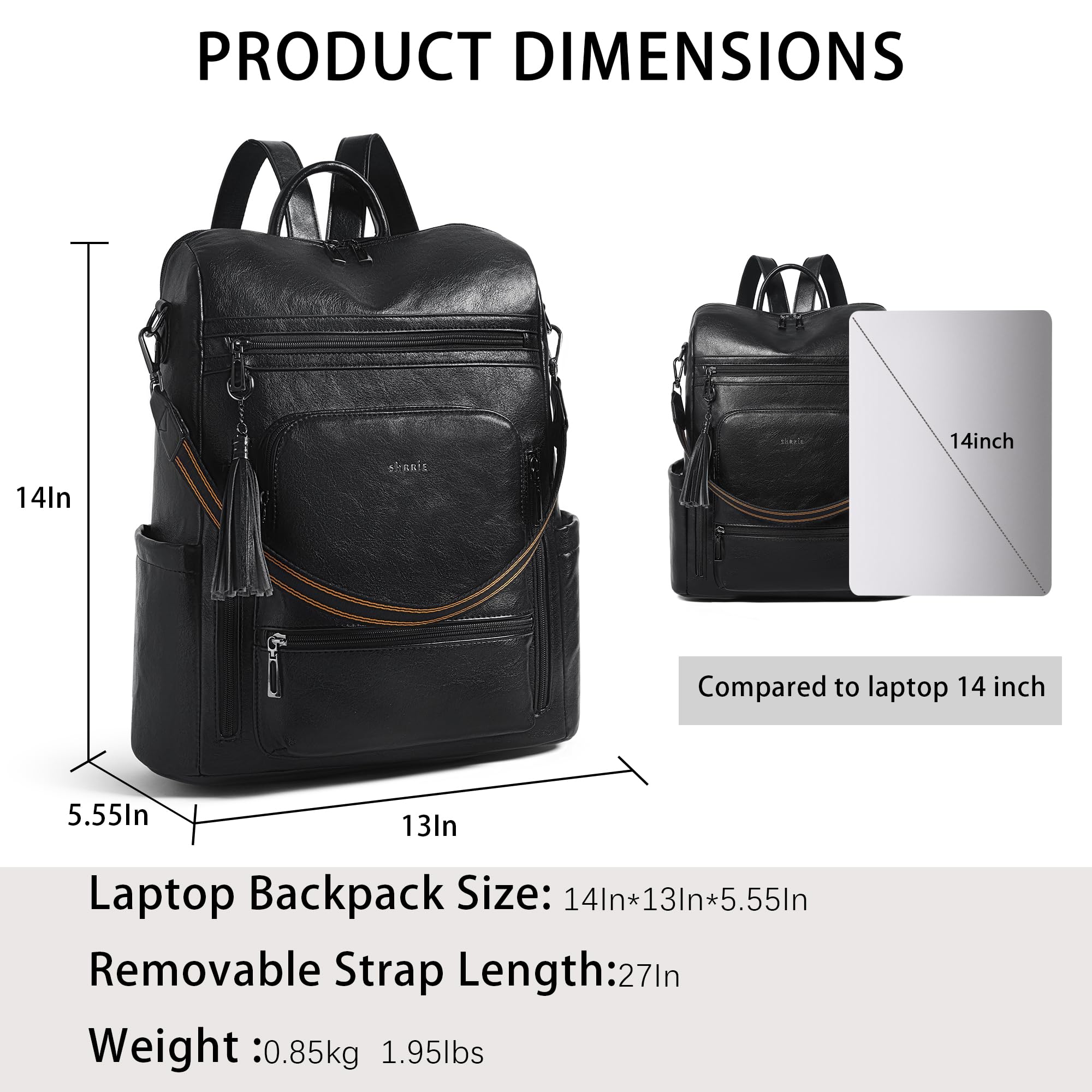 Shrrie Sac à dos ordinateur portable femme 15,6 pouces en cuir vegan | Sac tendance imperméable antivol à multiples poches,compartiment ordinateur,pour travail,voyage,affaires,université
