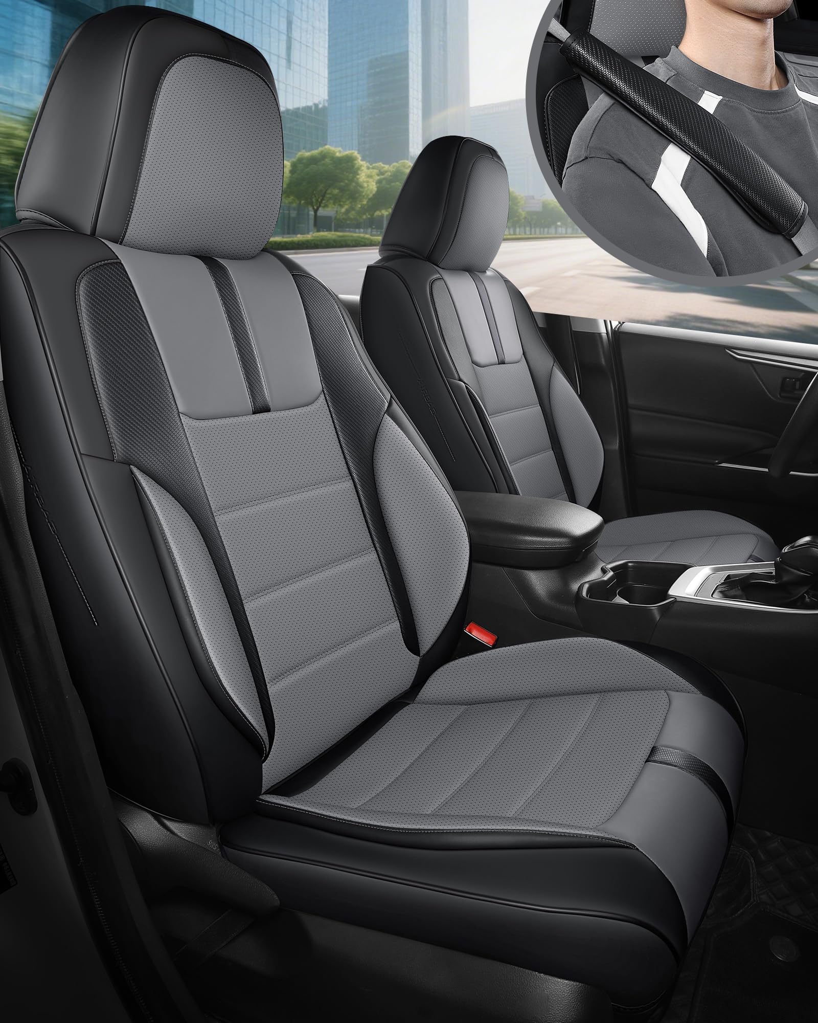 FREESOO Black Gray Car Seat Covers Full Set - Faux Nappa Leather Seat Covers for Cars with Front
