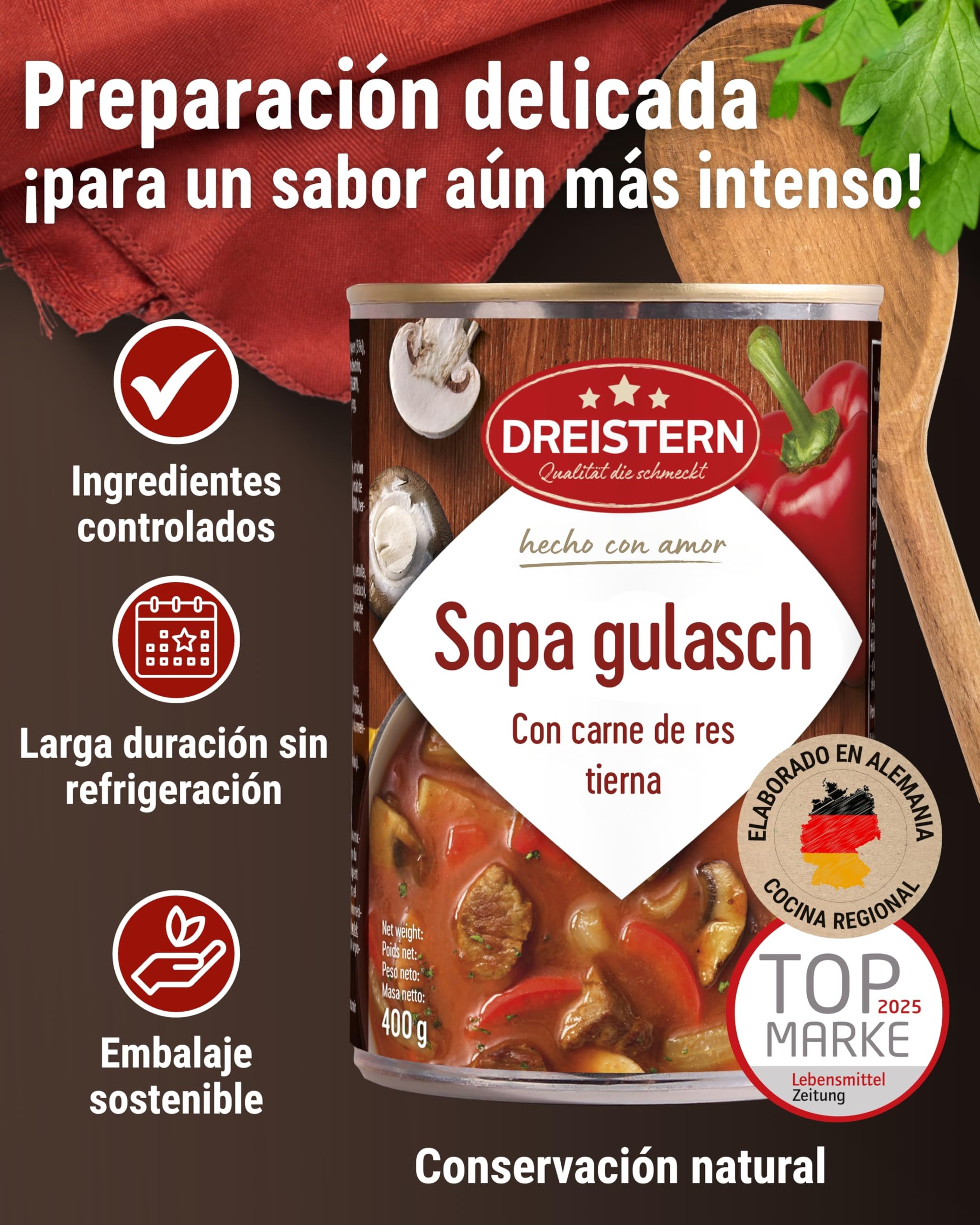 DREISTERN Sopa de Gulash Picante 400 g I Con carne de res tierna & verduras I Guiso picante en lata reciclable I Larga duración gracias a la conservación natural I Calidad casera