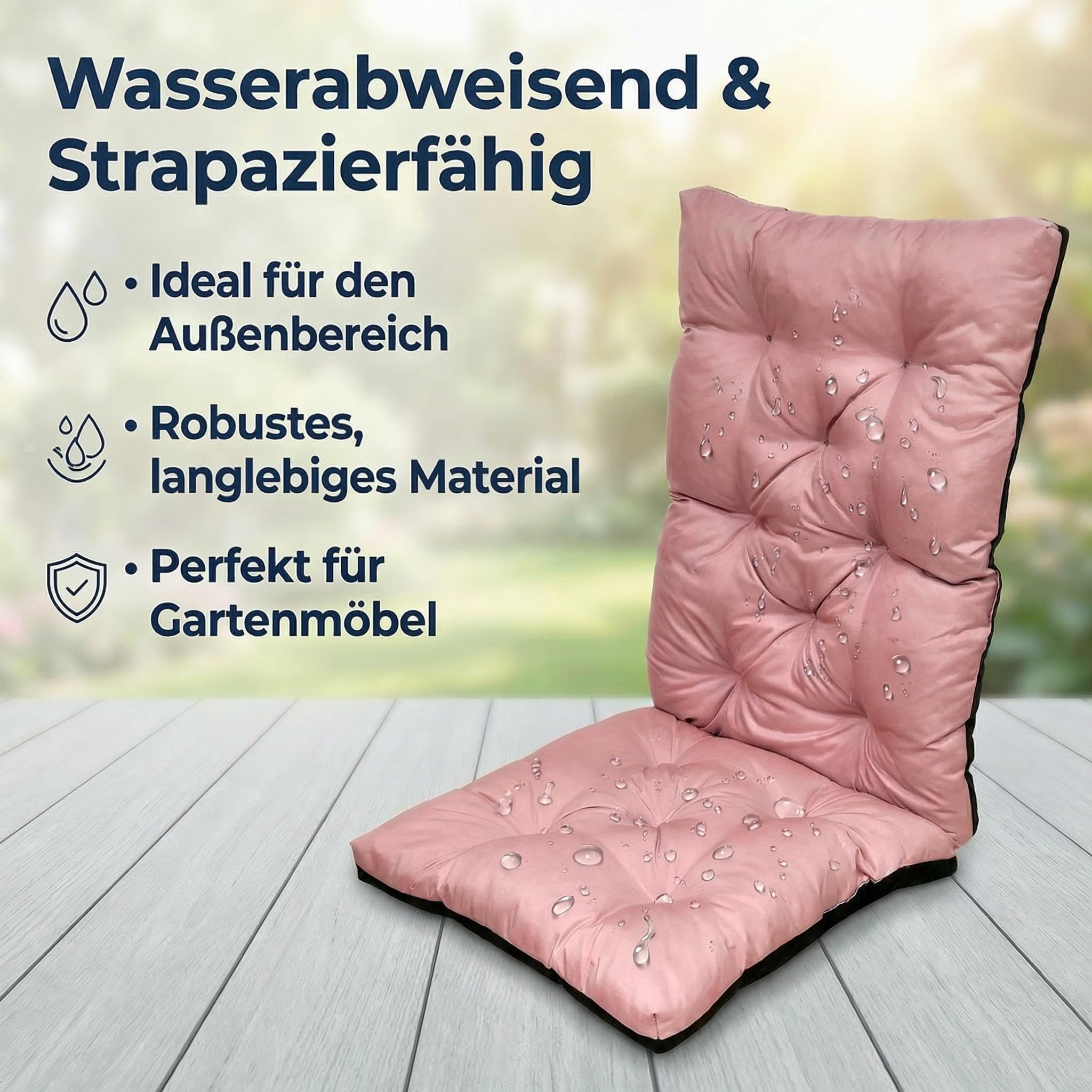 Hochlehner Auflagen für Gartenstuhl mit Rückenlehne, Sitzkissen Outdoor wasserabweisend, komfortable Stuhlkissen für Balkon, Terrasse und Garten, Bequeme Sitzpolster (120x50x8cm) (4, Rosa)