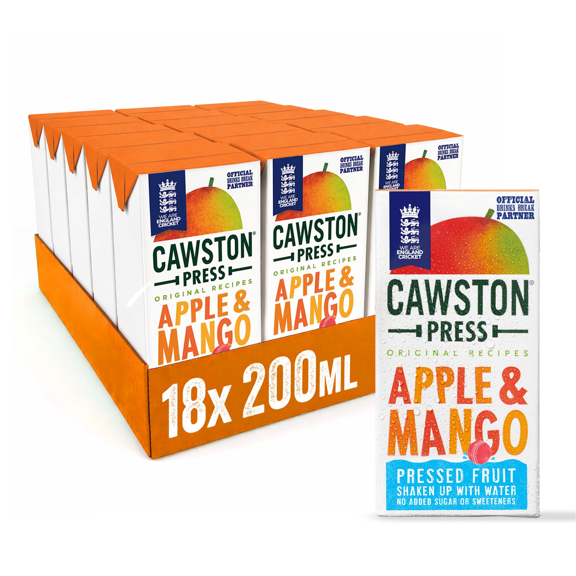 Cawston Press Fruit Water Kids Drink | Pressed Apple & Mango Flavoured Water | 200ml x 18 Pack Mango & Apple Juice Cartons | School Approved – No Added Sugar – Vegan | Ideal for Kids Lunchbox