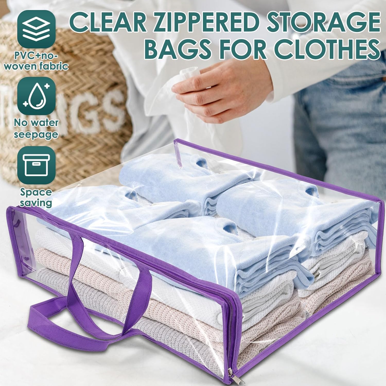 5Pcs Clear Zippered Storage Bags PVC Clothes Storage Bags Waterproof Zippered Blanket Organizer with Label Slots and Handles Spacious Closet Storage Containers for Wardrobes