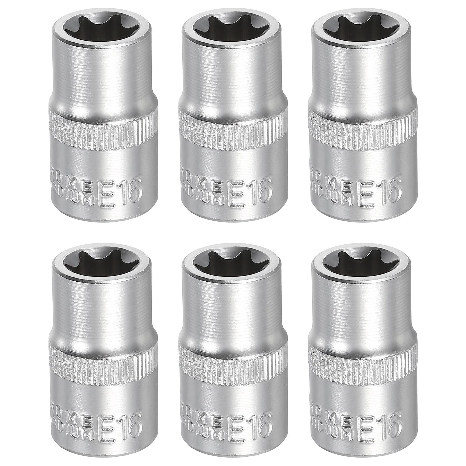 sourcing map 6pcs E-Torx Socket 1/2" Drive E16 Star Metric Socket 1.5" Length External Torx Shallow Sleeve 35K Alloy Steel Chrome 6 Point Spline Sleeve for Auto Repairs