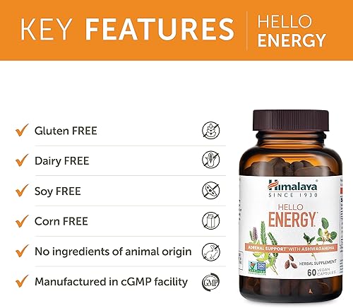 Miniatura 5 de Himalaya Hello Energy Suplemento de hierbas con Ashwagandha, Amla, Haritaki, apoyo energético diario, positividad, metabolismo, sin cafeína, sin