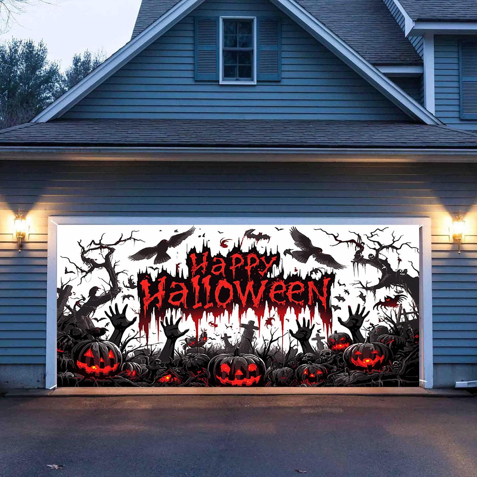 Letrero de Halloween para puerta de garaje, fondo espeluznante que deja una profunda impresión en vecinos y turistas.