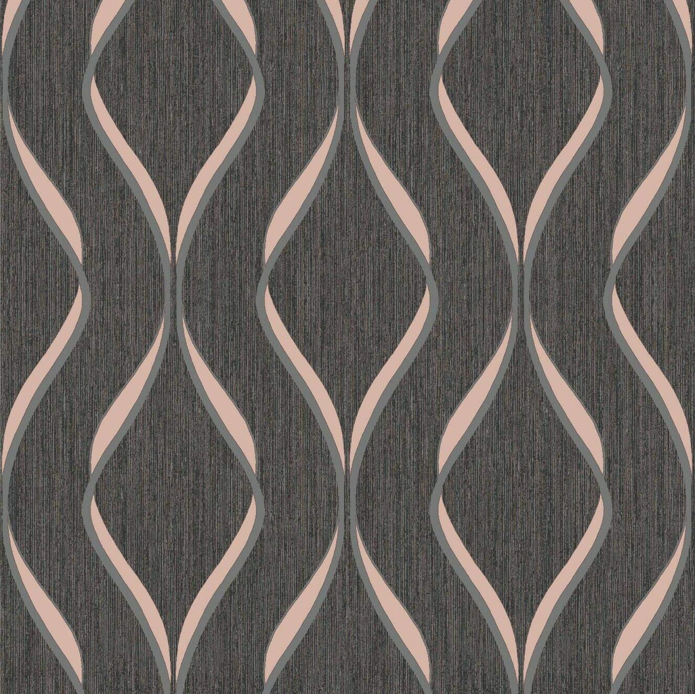 Heavyweight Vinyl Indra Wave Wallpaper Geometric Charcoal and Rose Gold Sample