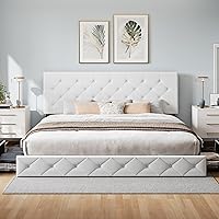 Vista 31 de WEEWAY Base de cama de plataforma de tamaño matrimonial con 4 cajones de almacenamiento, cabecera capitonada con botones de costura de diamante