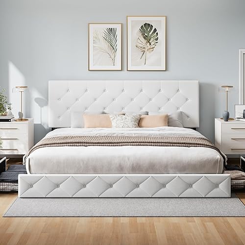 Miniatura 44 de WEEWAY Base de cama de plataforma tamaño Queen con 4 cajones de almacenamiento, cabecera capitonada con botones de costura de diamante, base de