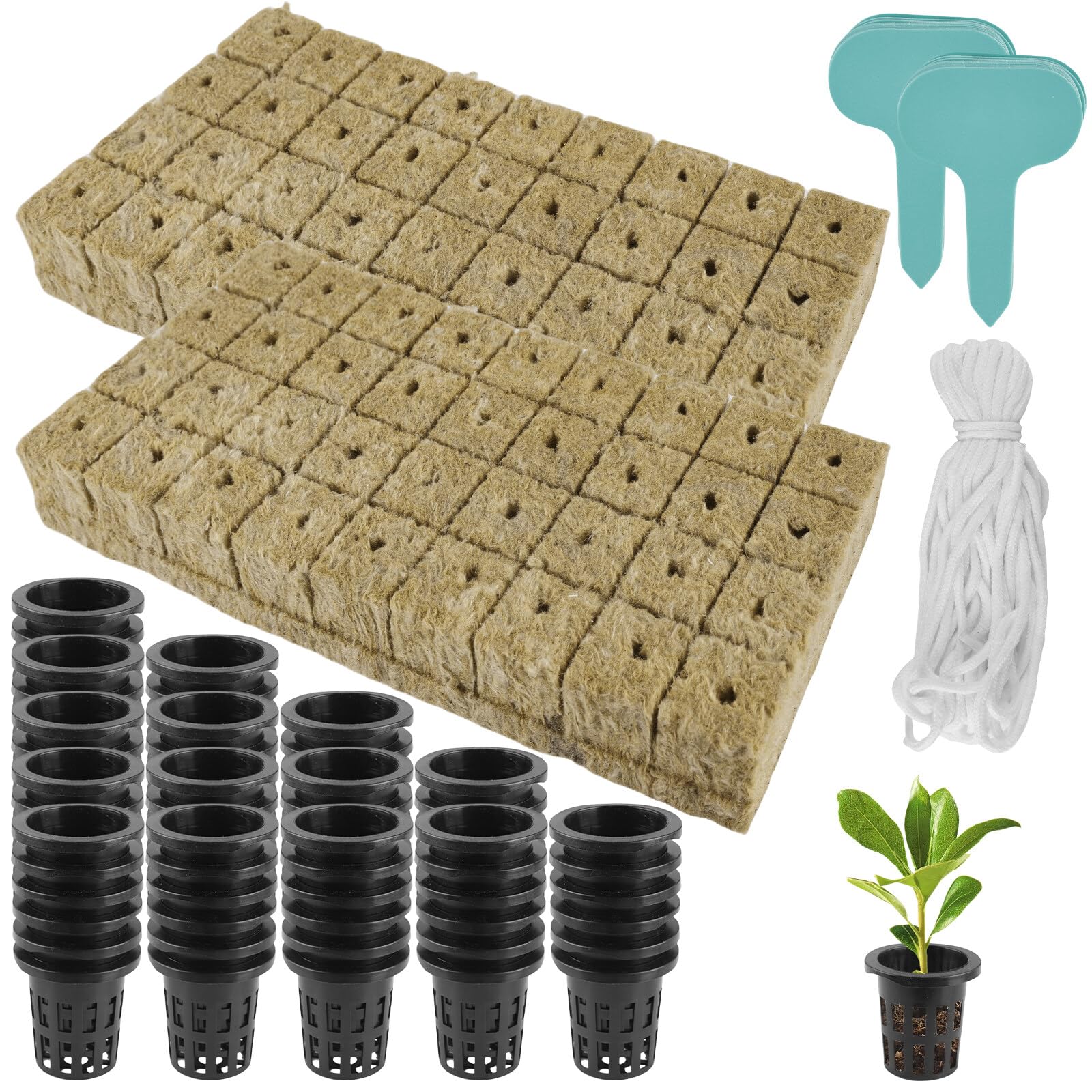BAIFULAI Set di 72 lana di roccia con 72 cubetti di lana di roccia + 72 vasi a rete + 30 etichette + corda di cotone da 10 m, vaso idroponico, vaso per piante coltivate, Rockwool Grow Cubes