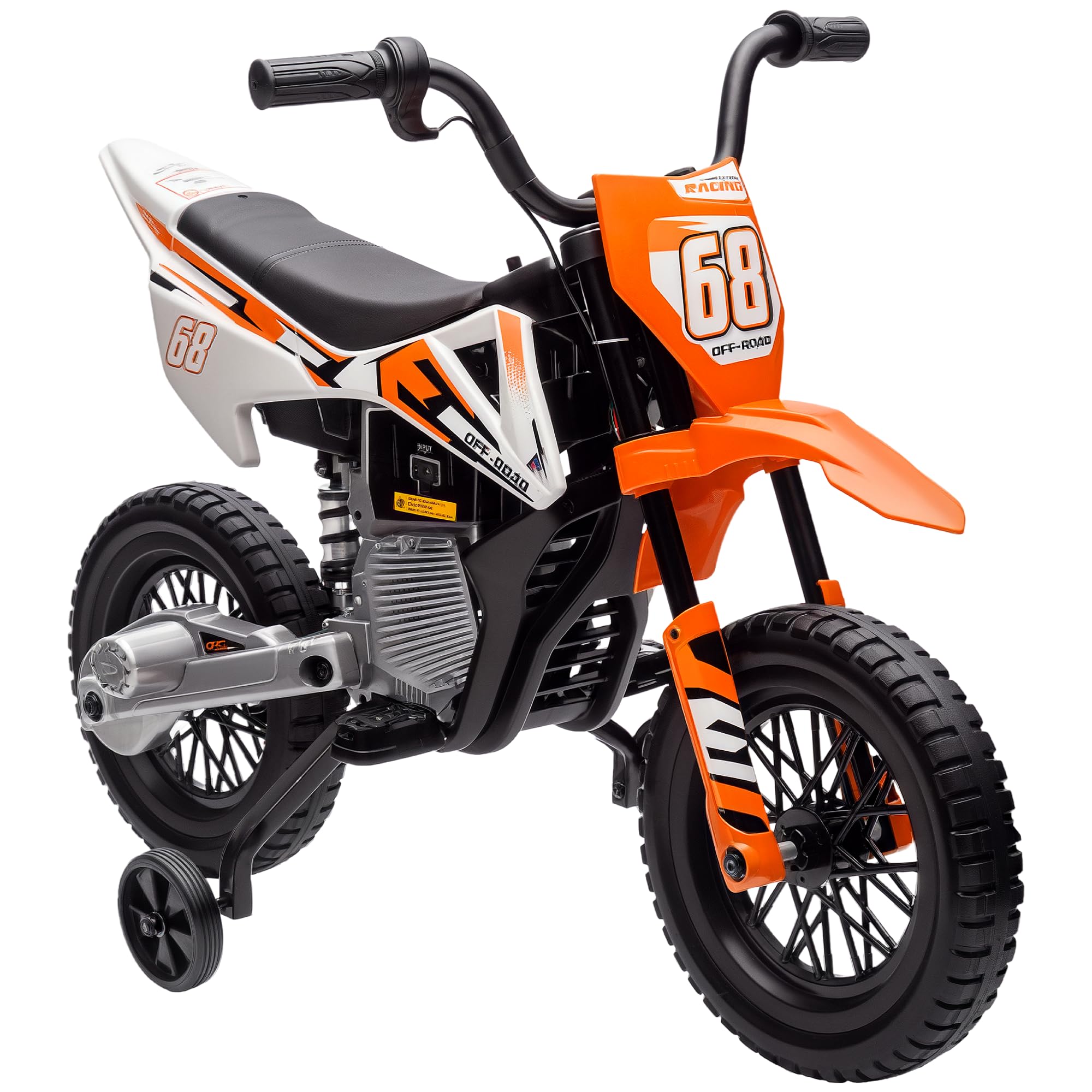 AIYAPLAY 12V Kids Electric Motorbike, Kids Electric Ride on Motorcycle, Battery Powered Toy with Twist Grip Throttle, Training Wheels, Suspension System, Music, Orange
