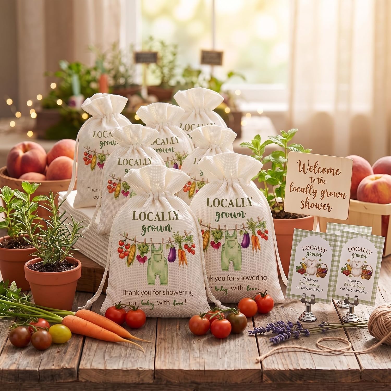 Fanfanwin 50 Set Locally Grown Baby Shower Bag with Tags Vegetable and Fruit Party Favor Little Sprout Baby Shower Farmer Market Theme Gift Bag for Candy Goodies Treat Gender Birthday Reveal Decor