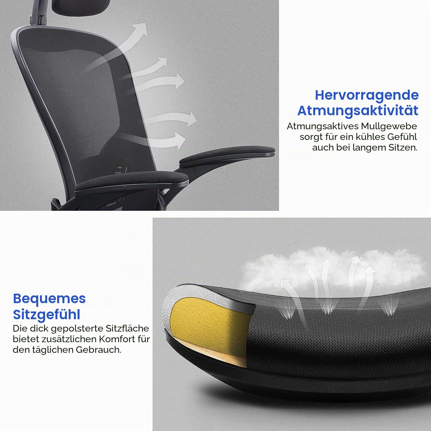 Bürostuhl Ergonomisch Computerstuhl mit Verstellbarer Kopfstütze und Lordosenstütze Schreibtischstuhl Ergonomischer Bürostuhl für Home Büro Bis 150KG Belastbar (Schwarz)