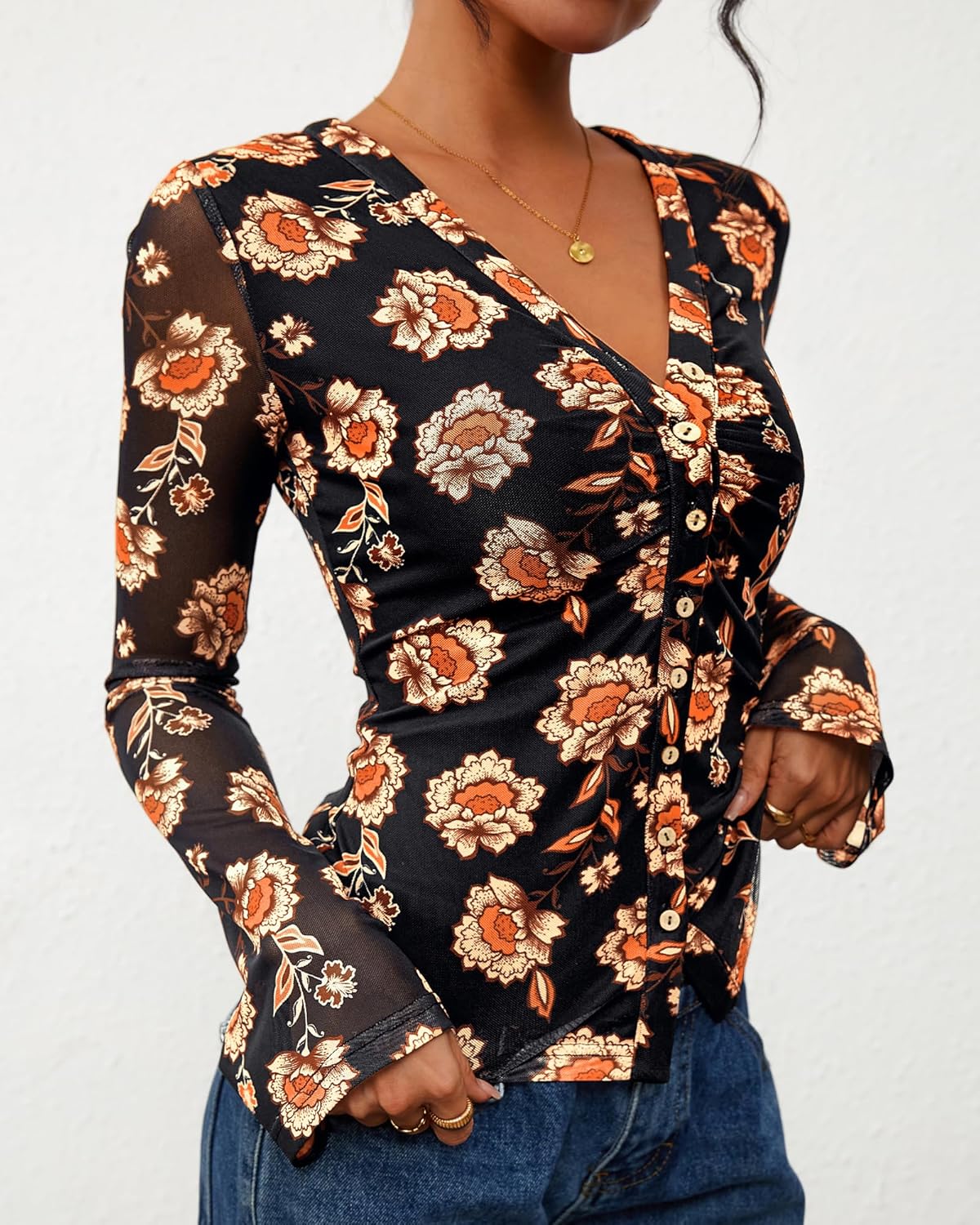 BTFBM Button Down Shirts for Women 2026 Spring Boho Tops V Neck Long Sleeve Blouses Ruched Mesh Fitted Fall Fashion - Image 8