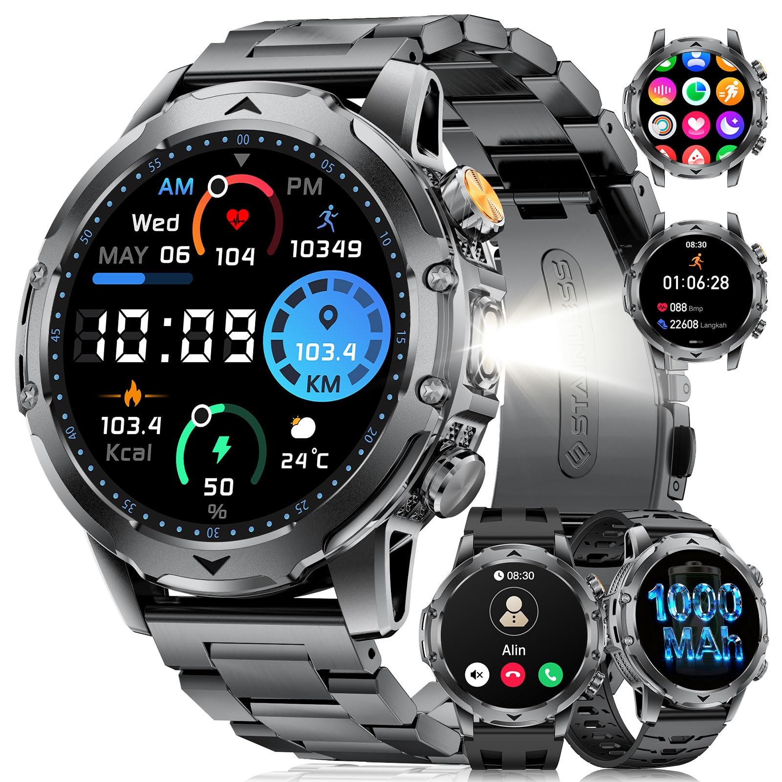 Smartwatch Herren mit 1000 mAh Akku/LED Taschenlampen, 1.53" HD Militär Smart Watch mit Telefonfunktion für Android iOS, 120+ Sportmodi/Schlafmonitor/IP68 Sportuhr, 3 Armbänder