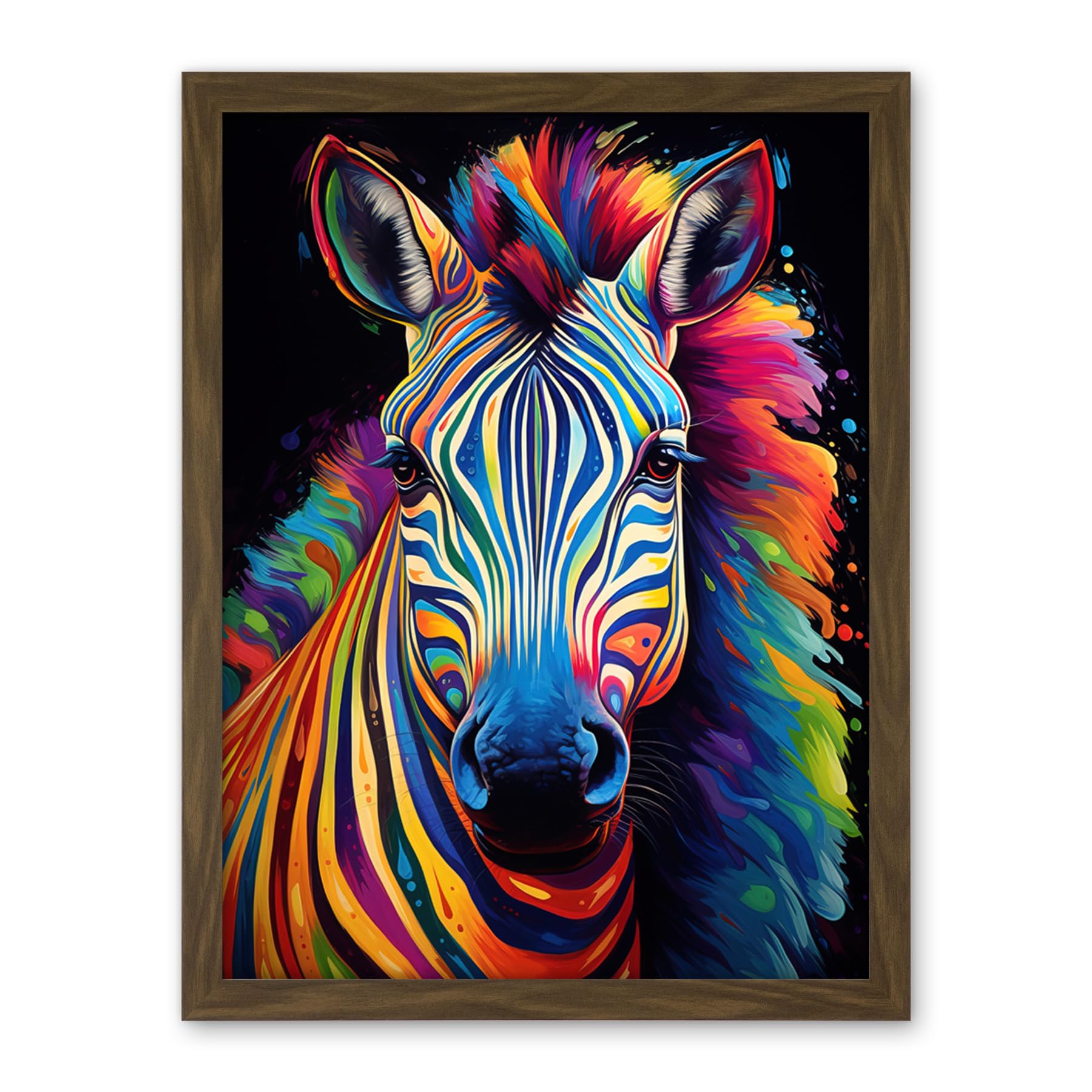 Artery8 Rainbow Striped Zebra Colourful Vibrant Bold Psychedelic Neon Impact Artwork Framed Wall Art Print 18X24 Inch