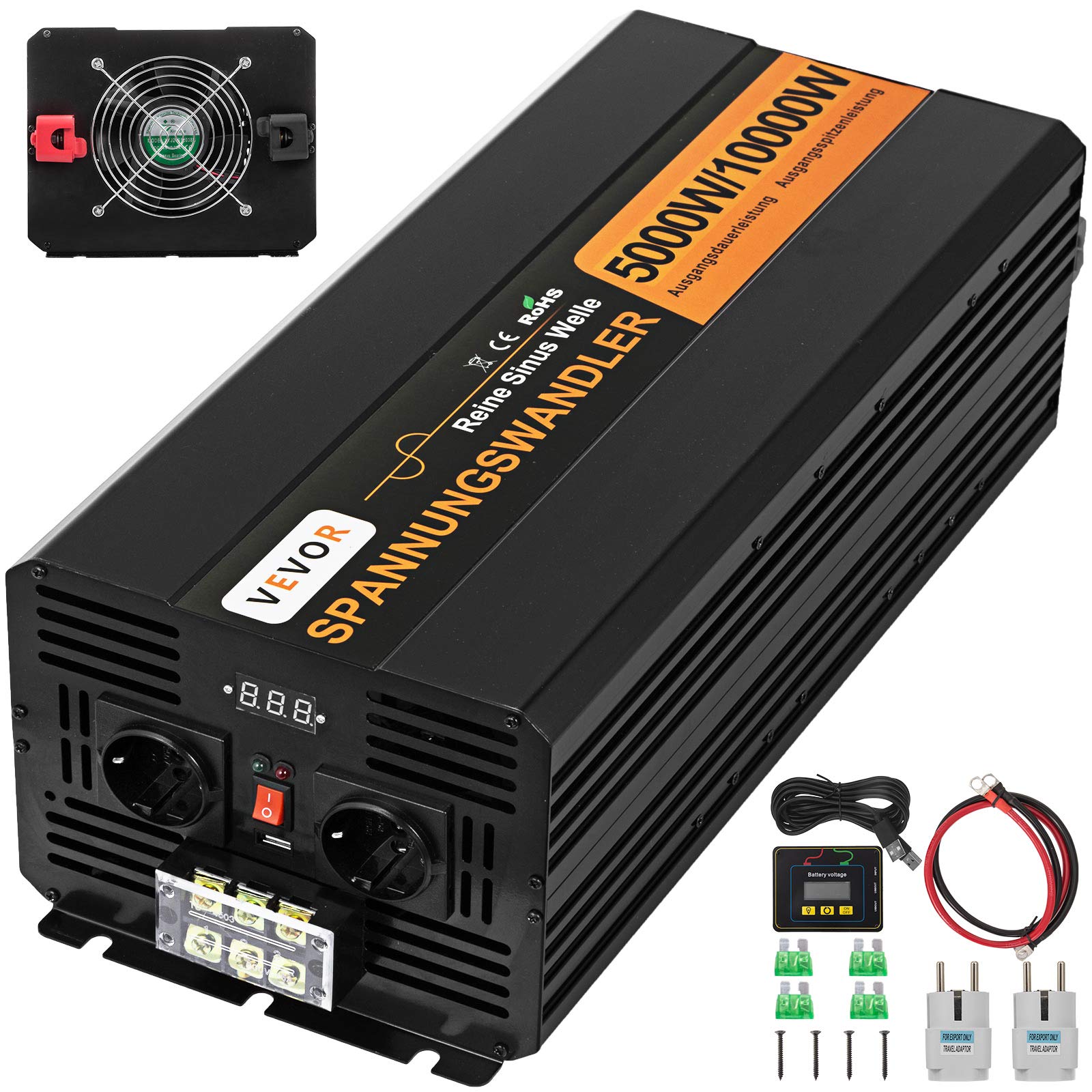 VEVOR 5000W 10000W reiner Sinus Wechselrichter Spannungswandler DC 24V auf 230V AC LCD Display USB Hochgeschwindigkeitskühlventilator Aluminium mit Kabelfernbedienung