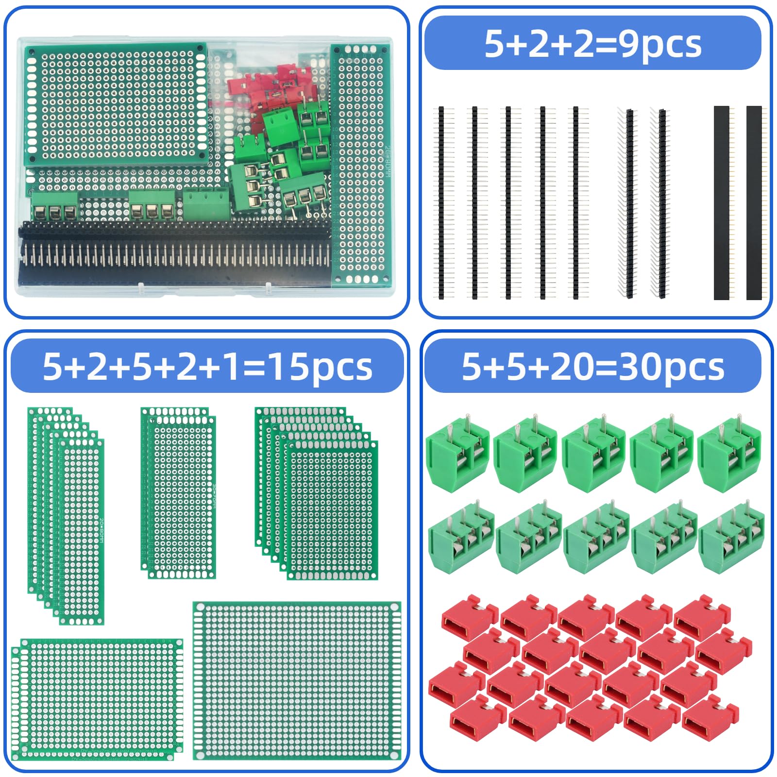54-teiliges doppelseitiges Leiterplatten-Set in 5 Größen, Perfboard enthält 40-polige 2,54-mm-Steckverbinder für DIY-Lötkreise, Prototyping, kompatibel mit Arduino-Kits