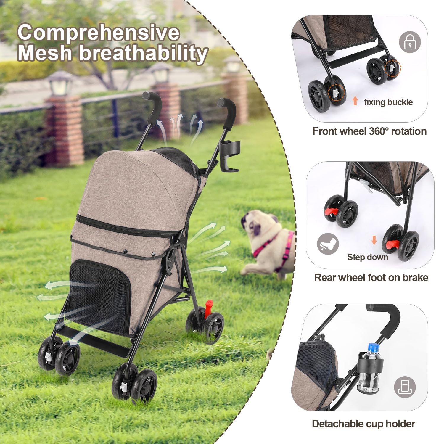 Poussette pour chiens de taille moyenne, poussette pliable pour chiots de petite taille jusqu'à 15 kg, 4 roues avec porte-gobelet, roues avant rotatives à 360° pour promenade en plein air