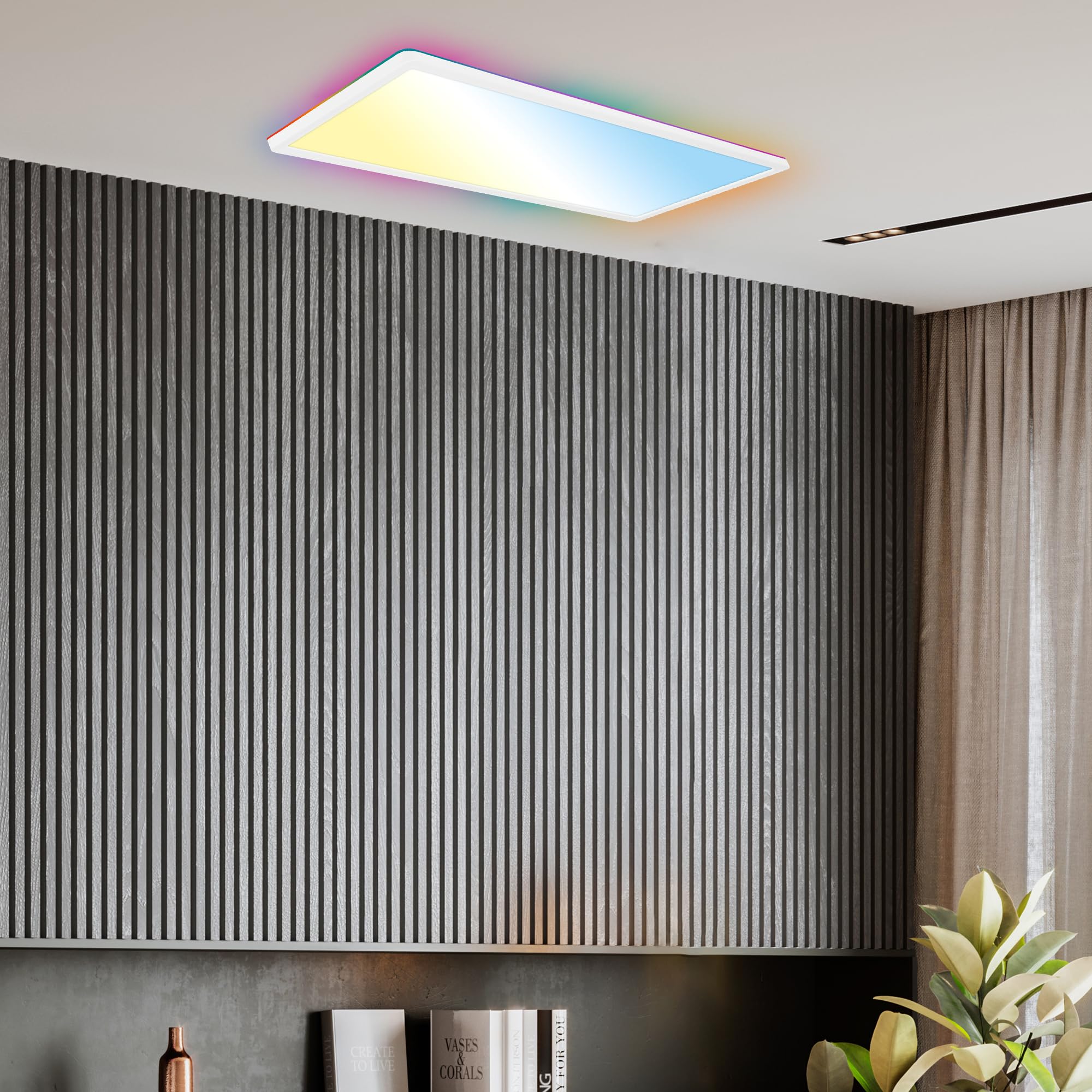 B.K.Licht - Lampada da soffitto LED piatta con telecomando, retroilluminazione RGBIC, superficie luminosa CCT, dimmerabile, lampada, plafoniera, lampada da soggiorno, pannello 58x20x2,5 cm, bianco