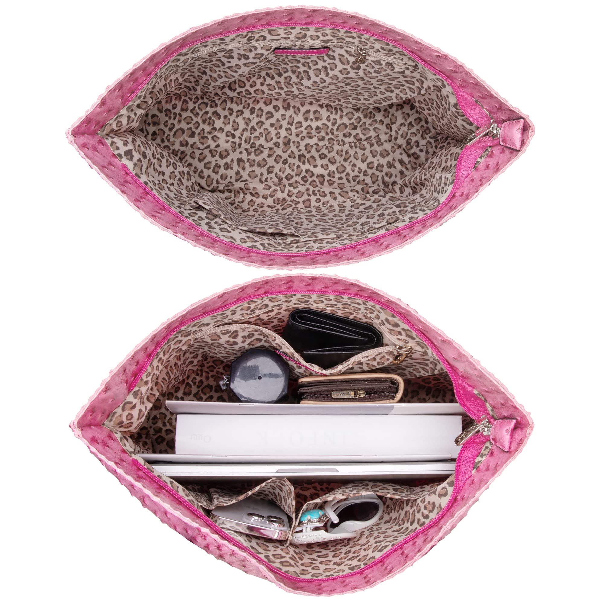 Milan Chiva Tote Bag for Women with Zipper Large Ostrich Vegan Leather Shoulder Purses and Handbags: Fuchsia Rose