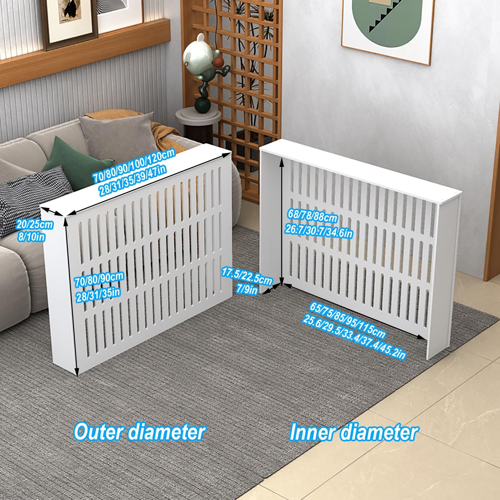 Modern Radiator Covers Shelf for Home, Vertical Louvered Grill Shelf, White Heater Covers for Standing Radiator, Easy to Install(100x90x25cm/39x35x10in)