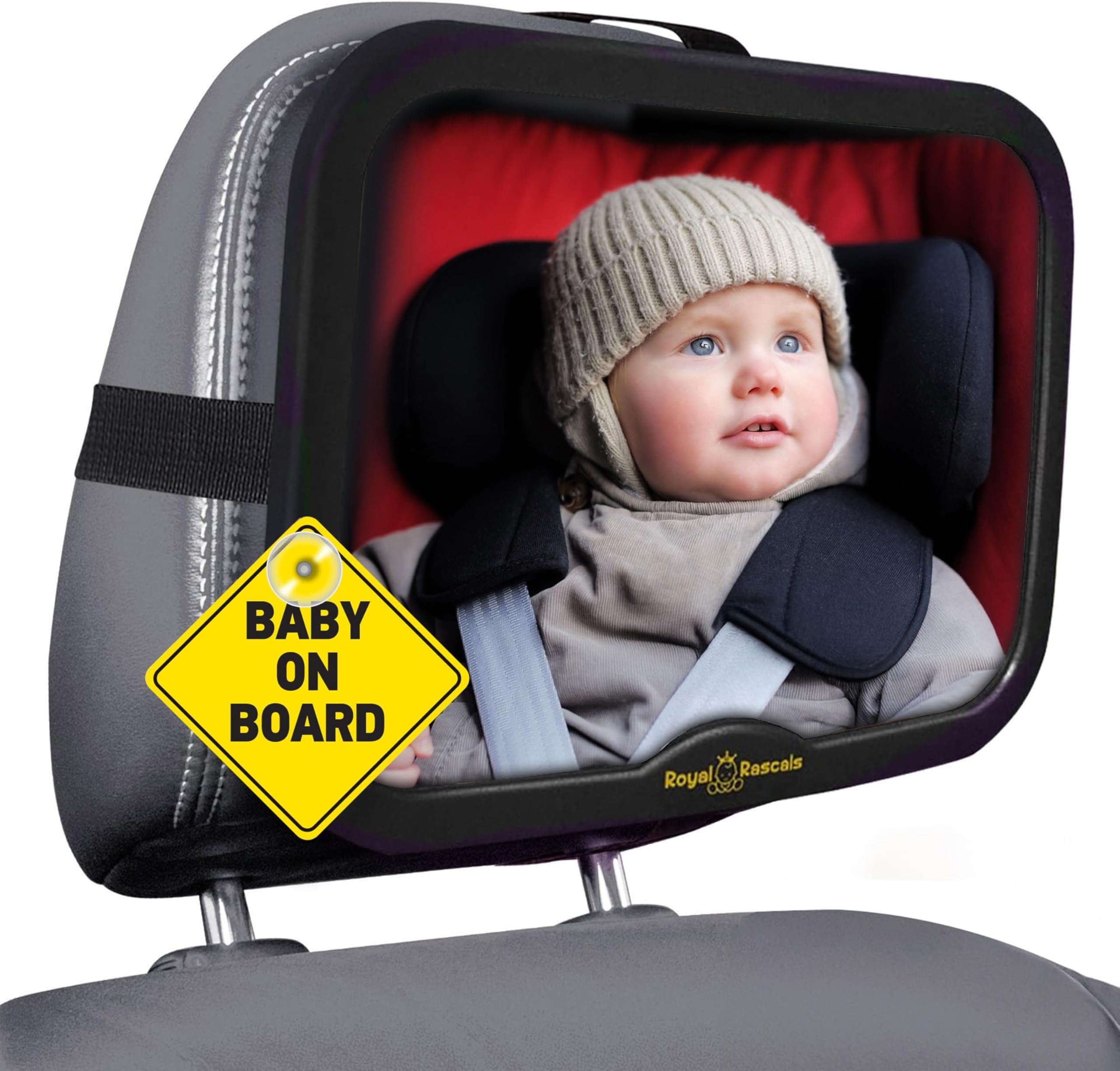 Royal Rascals Baby Car Mirror for Back Seat - Shatterproof Car Rear View Mirror w/360° Rotation, Adjustable Straps & Strong Mount, Essentials for Newborn Safety + Baby on Board Sign, Black