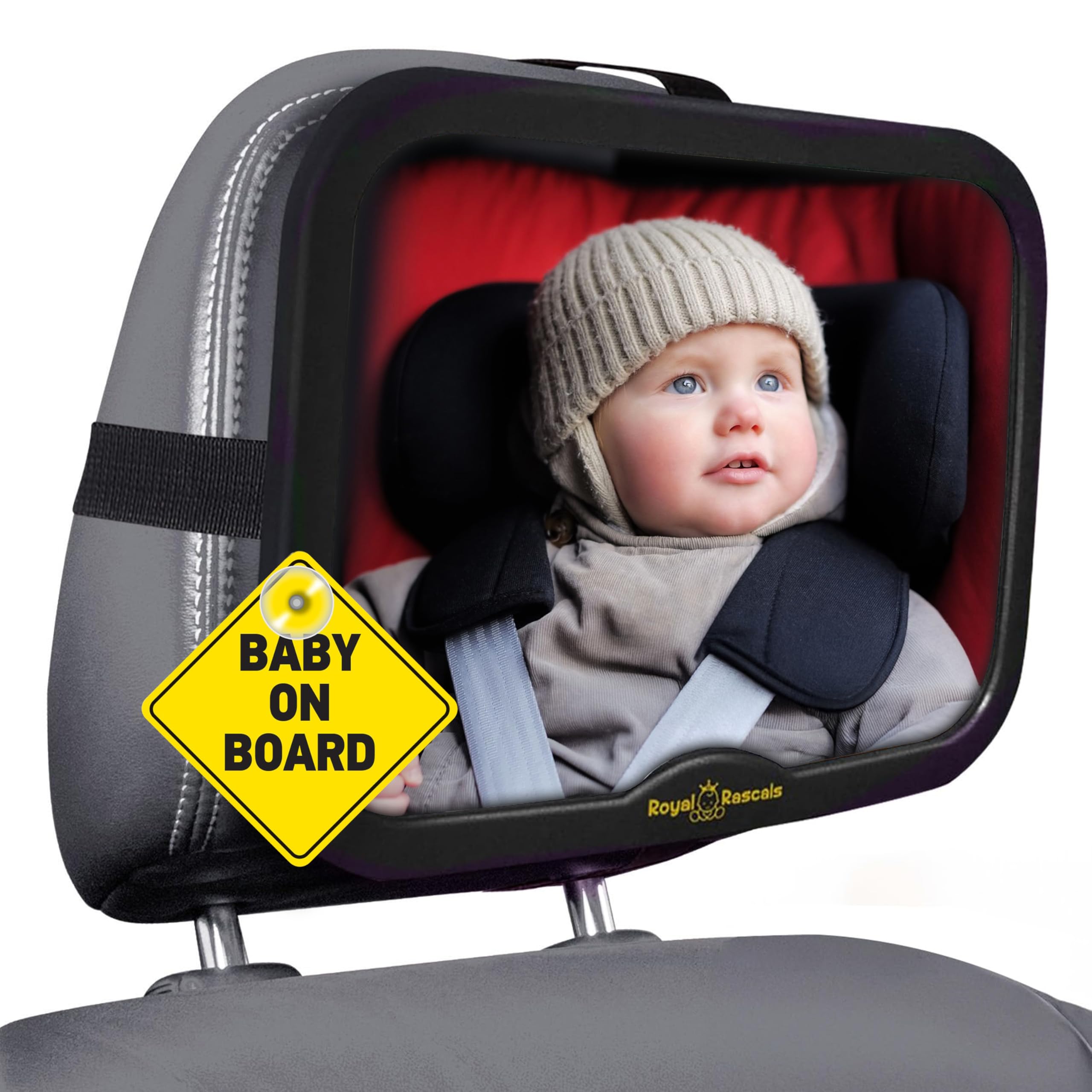 Royal RascalsBaby Car Mirror for Back Seat - Shatterproof Car Rear View Mirror w/360° Rotation, Adjustable Straps & Strong Mount, Essentials for Newborn Safety + Baby on Board Sign, Black