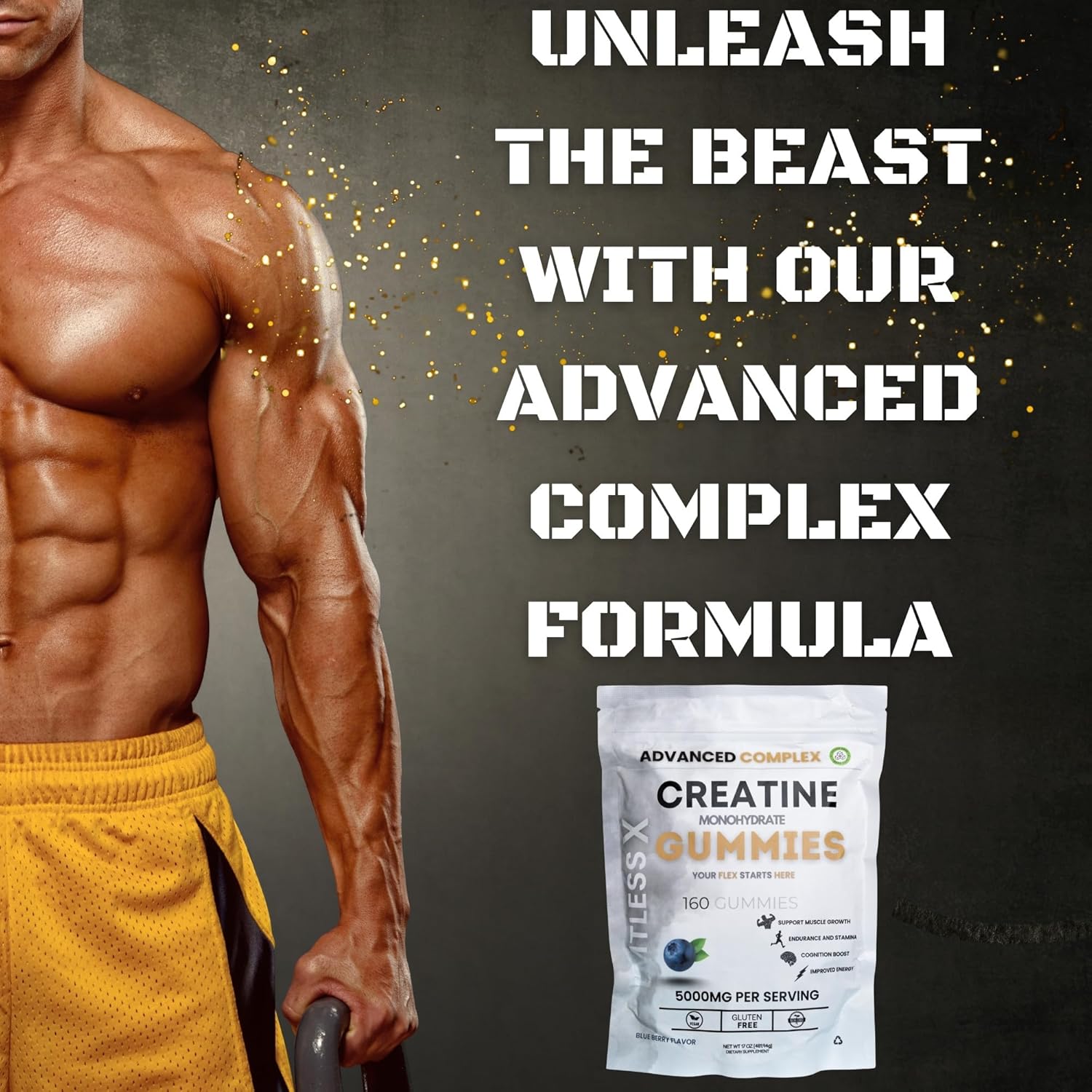 Creatine Gummies, Monohydrate with B12 for Energy, Focus, and Strength | Vegan, Gluten-Free | Sugar Free | Blueberry 160 Gummies per Bag