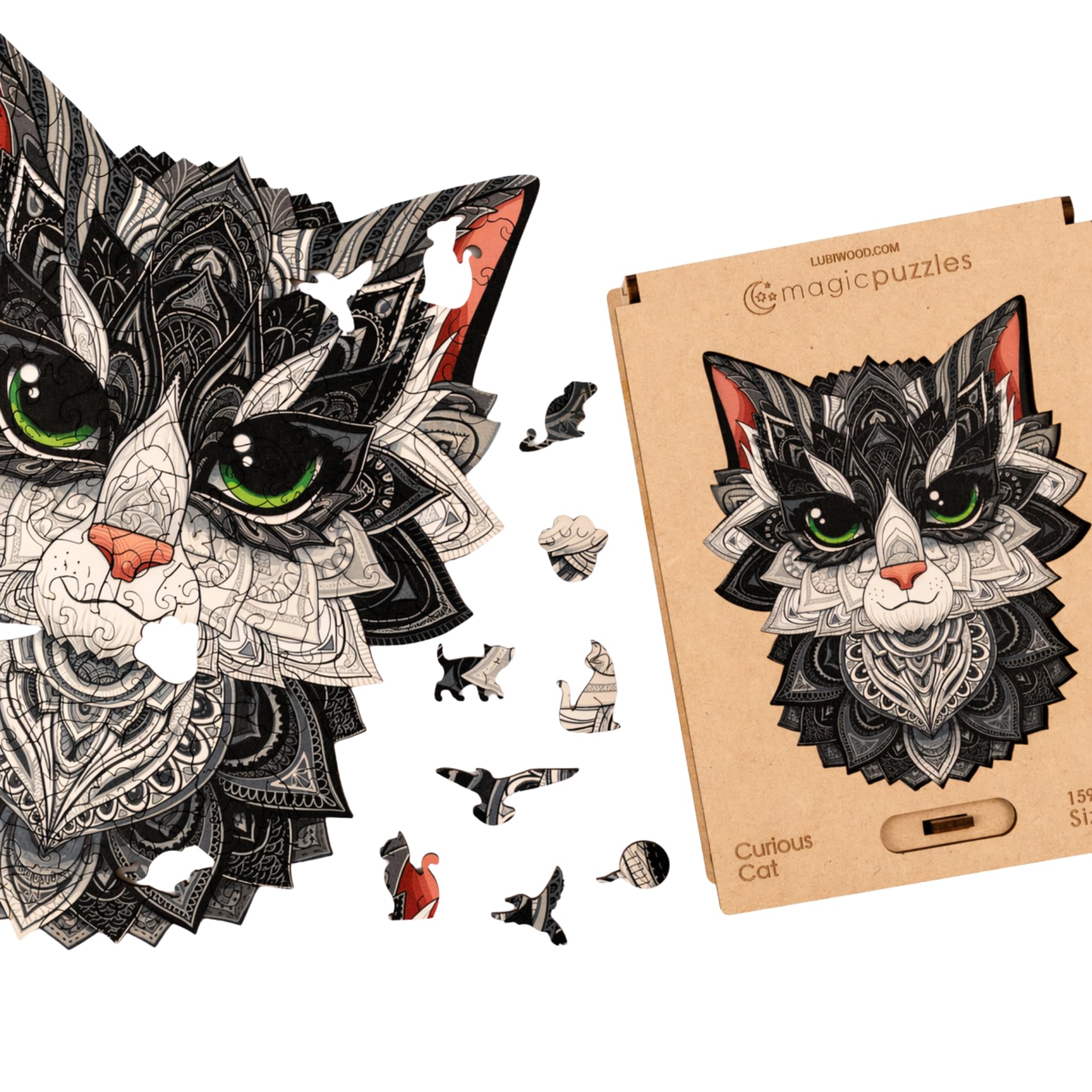 Puzzle in legno Lubiwood Gatto Curioso dalla forma unica (38x31 cm) - 308 pezzi intricati, include una confezione regalo in legno coinvolgente