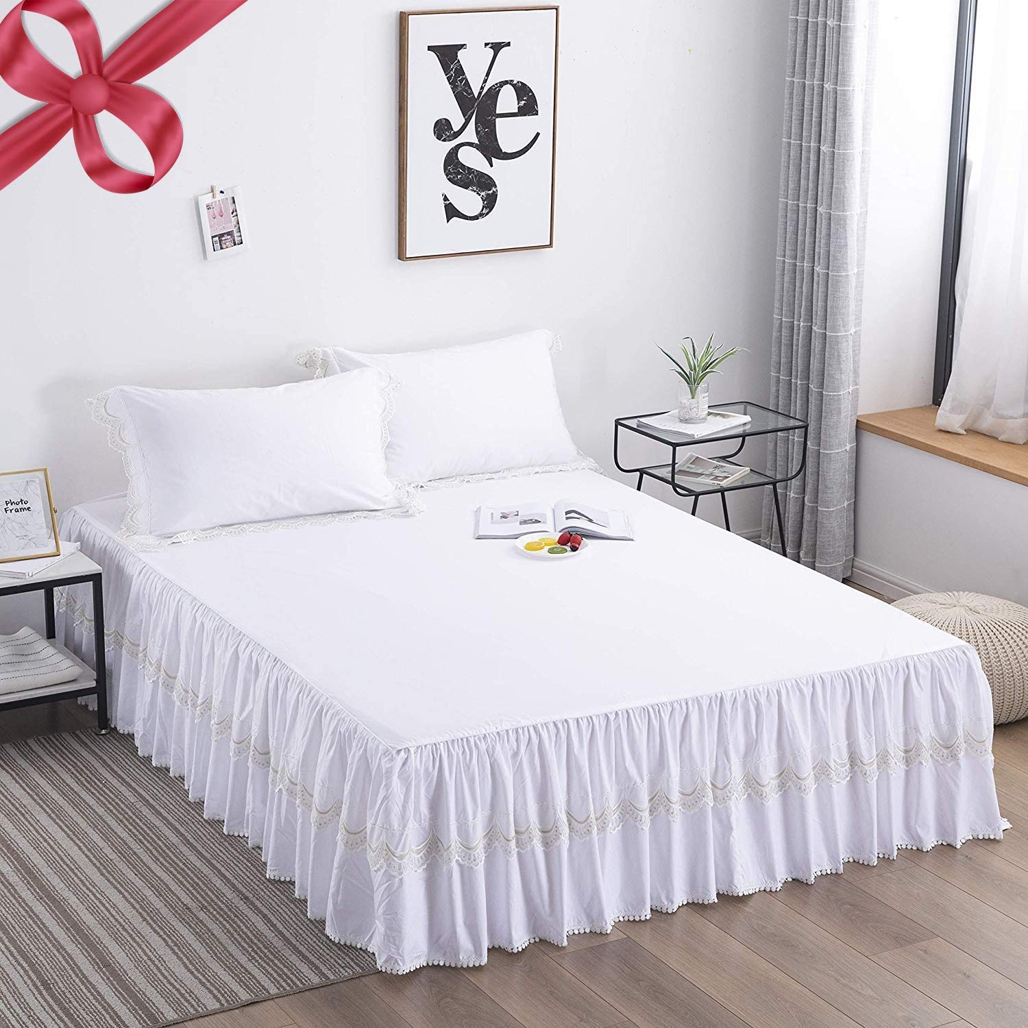 FADFAY White Small Snowflake Pattern Design Bedskirt Set 100% Cotton Extra Soft Bedding Set Exquisite Craft Hypoallergenic Full Size 3-Pieces