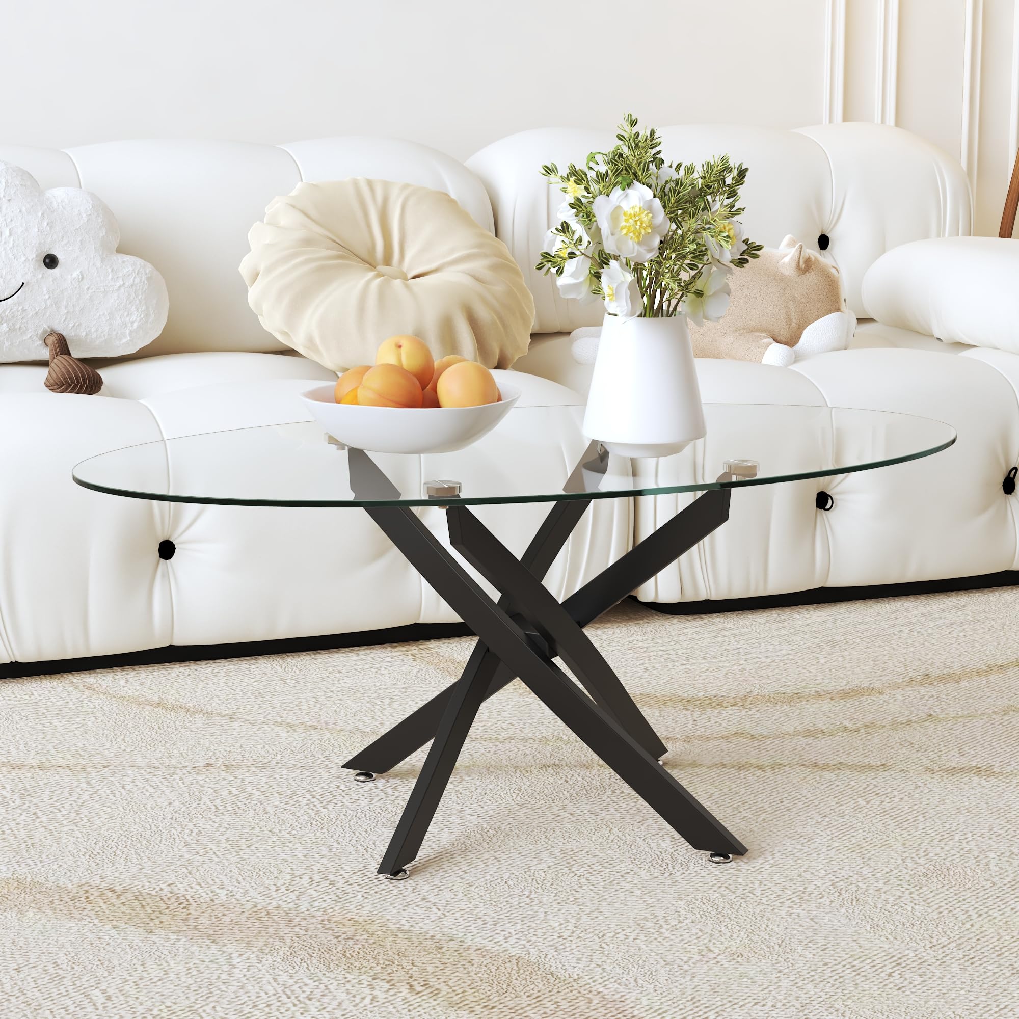 GOLDFAN Oval Glass Coffee Table with Black Metal Legs, Modern Clear Tempered Glass Centre Table for Living Room, Office or Apartment