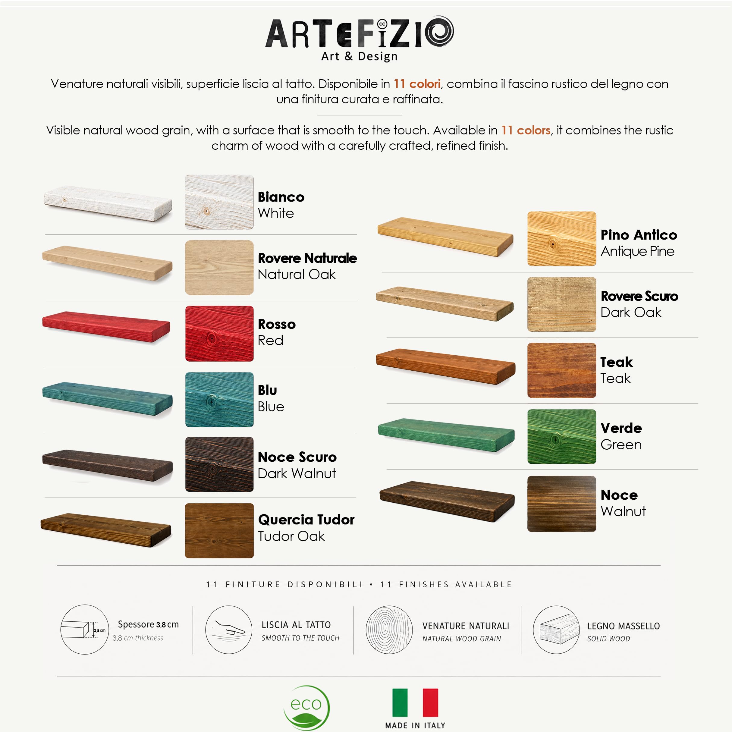 Artefizio Mensola a Muro in Legno Naturale, Scaffale Sospeso 11 Colori | Mensola sospesa in legno naturale, ideale per arredare bagno, cucina, camera, soggiorno e ufficio