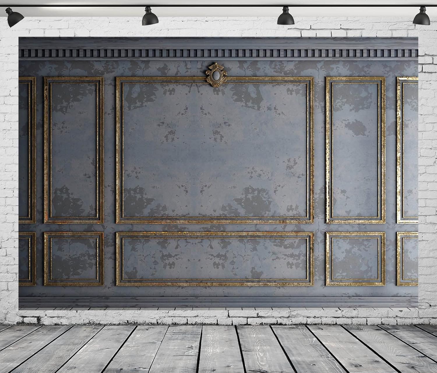 10x6.5ft Fabric Classic Gray Panels Backdrop Golden European Frame Vintage Wall Retro Golden Stucco Panels Wall Backdrop Houses Flats Interior Decor Wedding Baby Shower Photo Studio Props