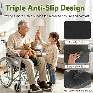 Wheelchair Wedge Pommel Cushion with Straps, 3-in-1 Multi-Functional Cushion with Breathable Mesh Anti-Slip Pad for Seniors (18 Lx16 W, Black)