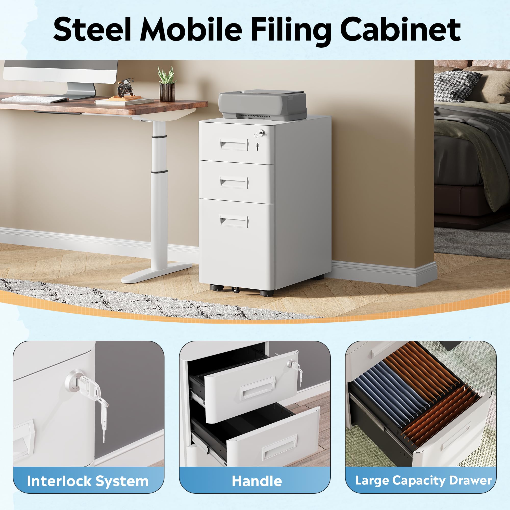 DEVAISE 3-Drawer Slim File Cabinet, Small Mobile Filing Cainet with Lock for Home Office, Fits Letter/Legal/A4 Size, 11.8 x 17.7 x 23.2 Inches (Pre-Assembled, Black): White 17.7" D x 11.8" W x 22.8" H